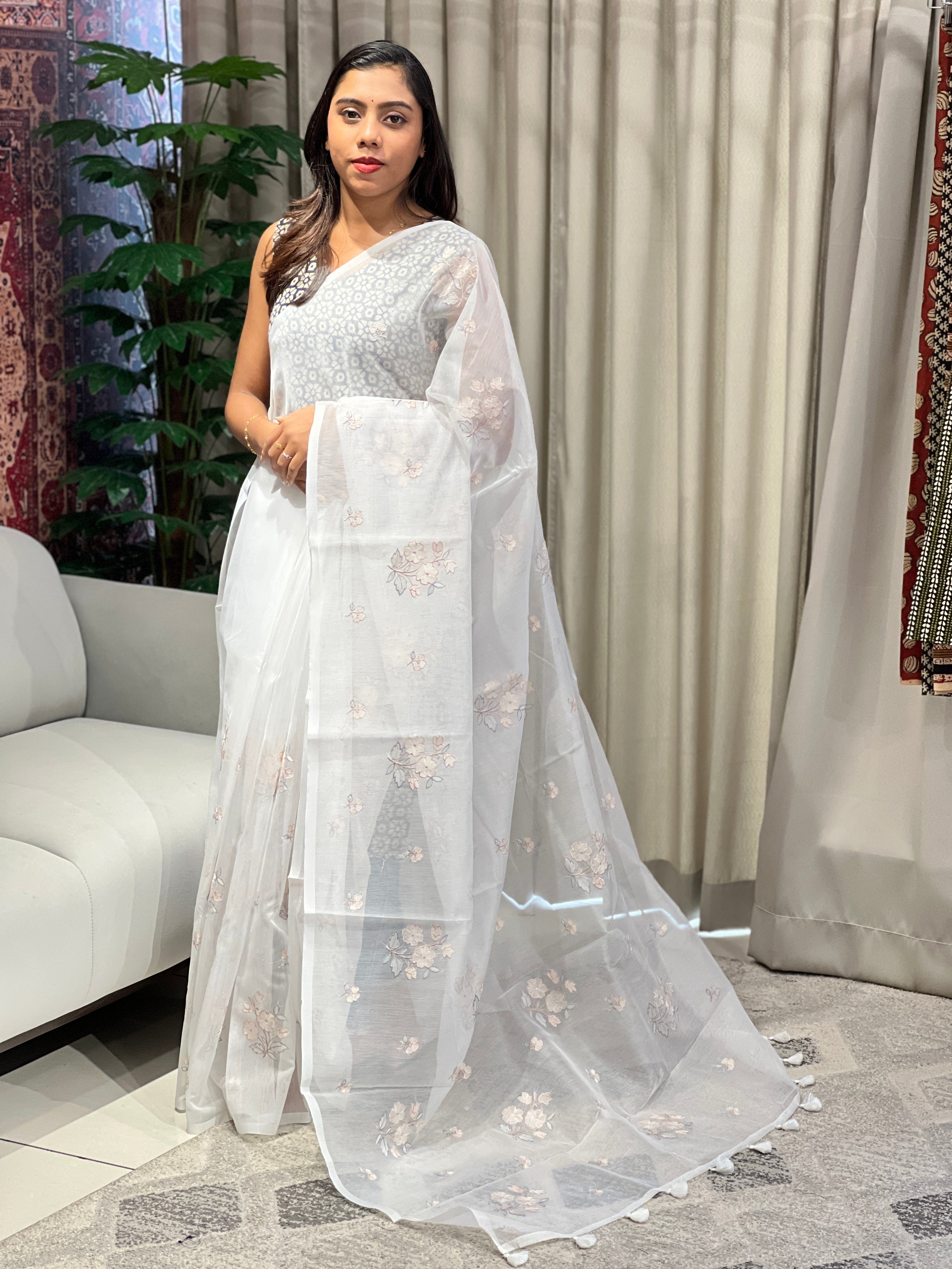 Floral Cross Stitch and Machine Embroidery Supernet Kota Saree | YNG918