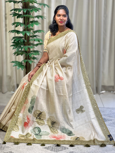 Floral Digital Print With Sequence Highlighted Semi Tussar Finish Saree | BLD1273