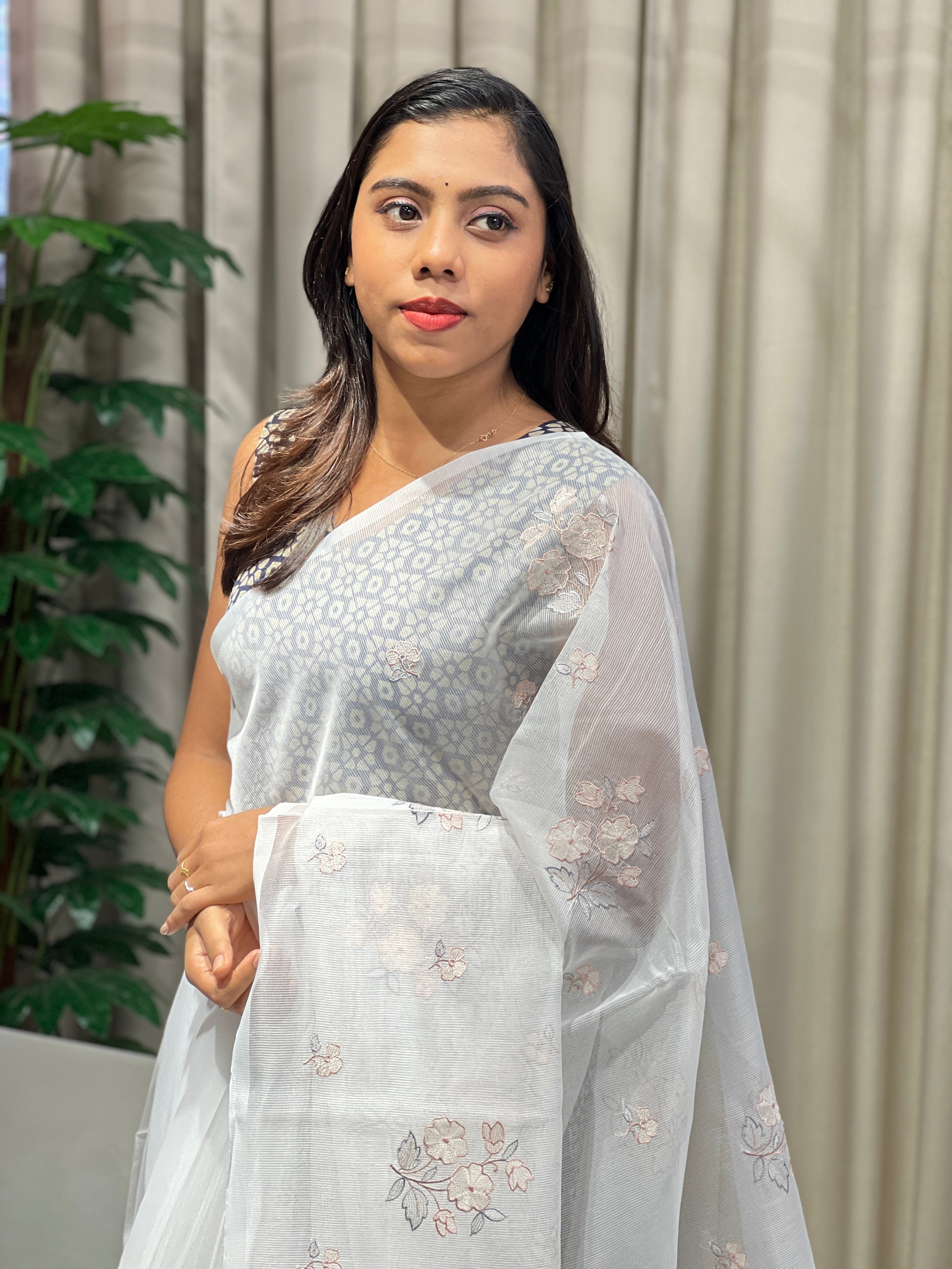 Floral Cross Stitch and Machine Embroidery Supernet Kota Saree | YNG918