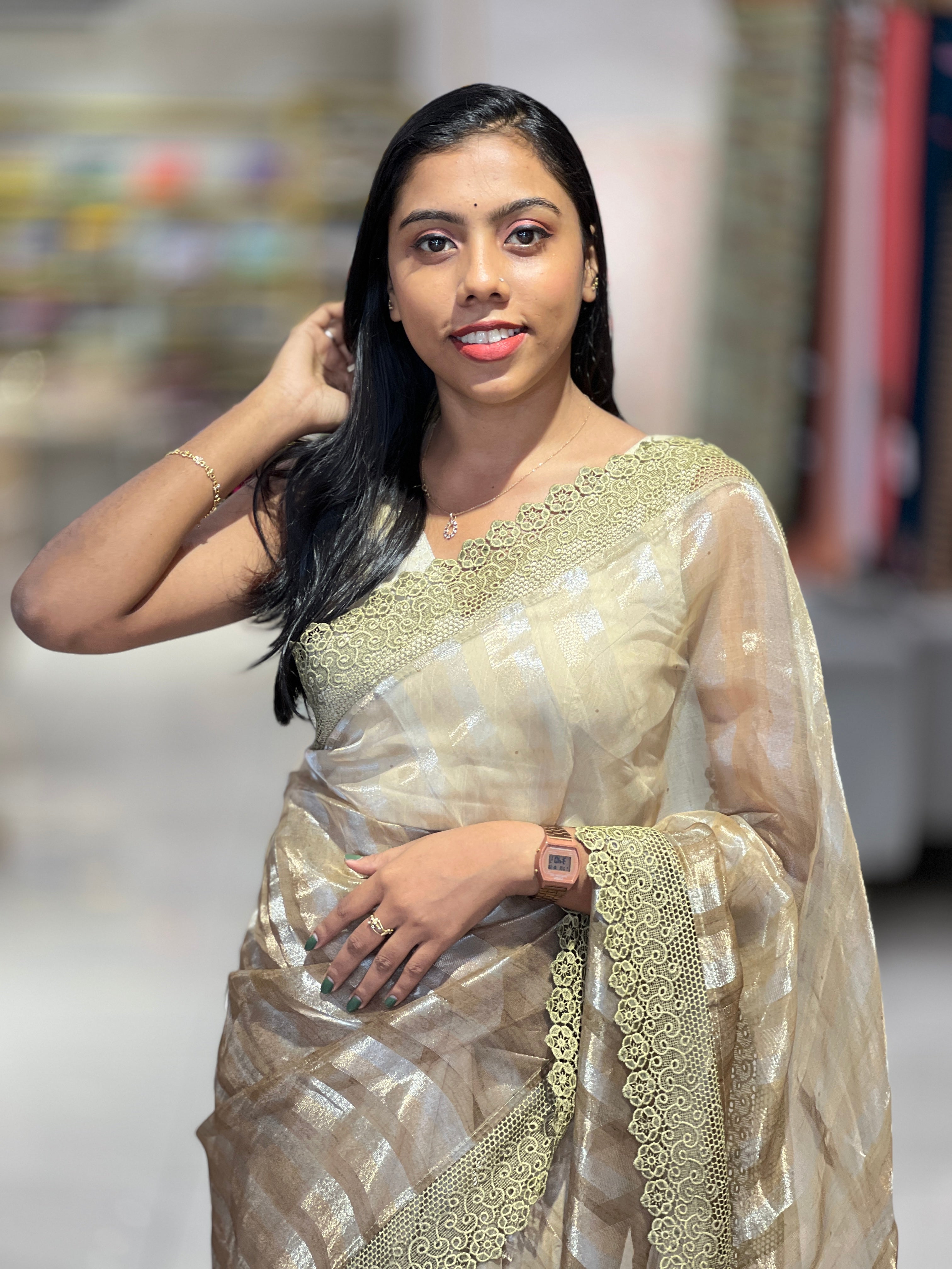 Stripes Detailed Organza Saree | SUN493