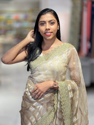 Stripes Detailed Organza Saree | SUN493