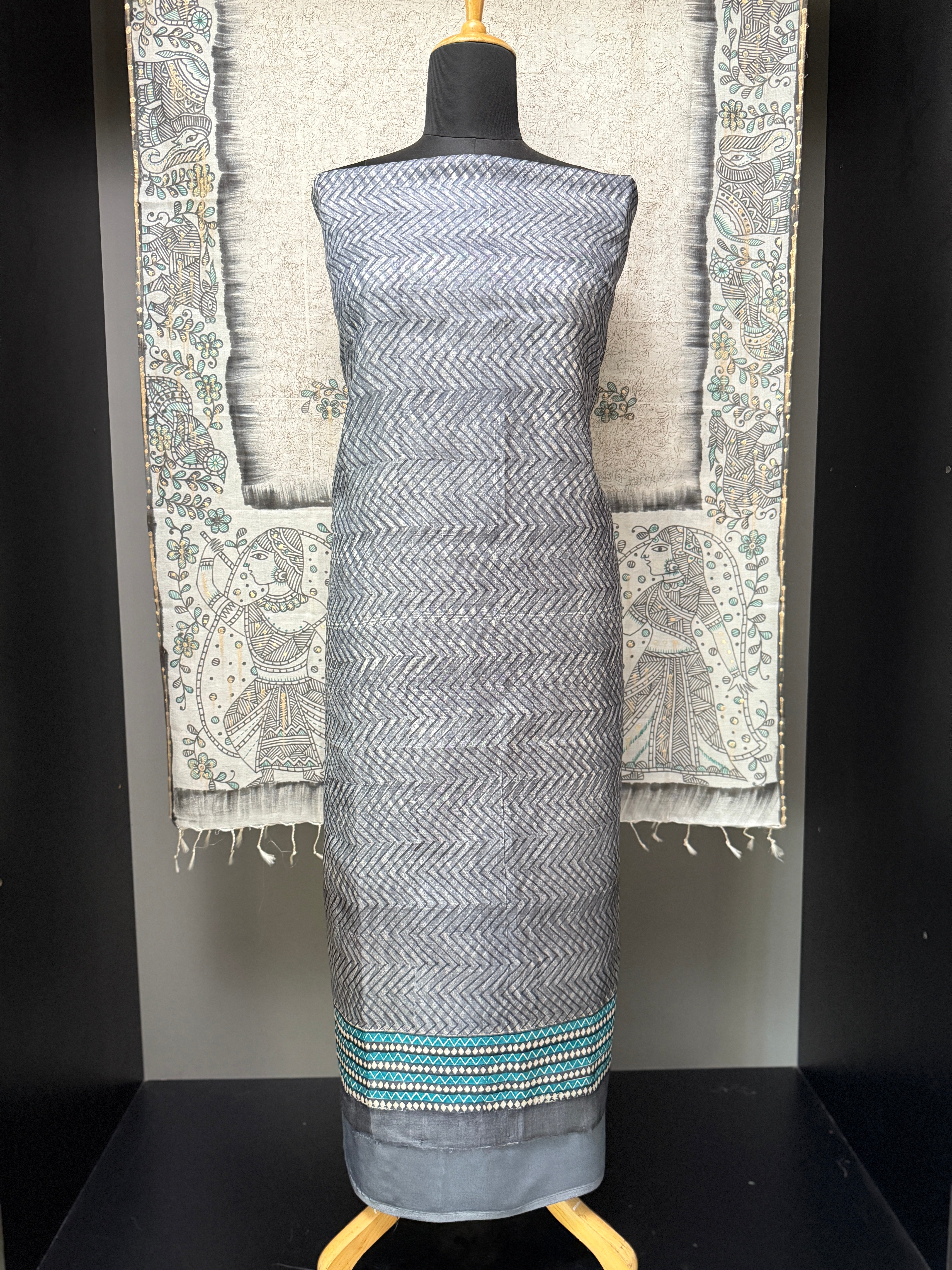 Zigzag Printed Pattern  Pure Tussar Salwar Set | SBS1235