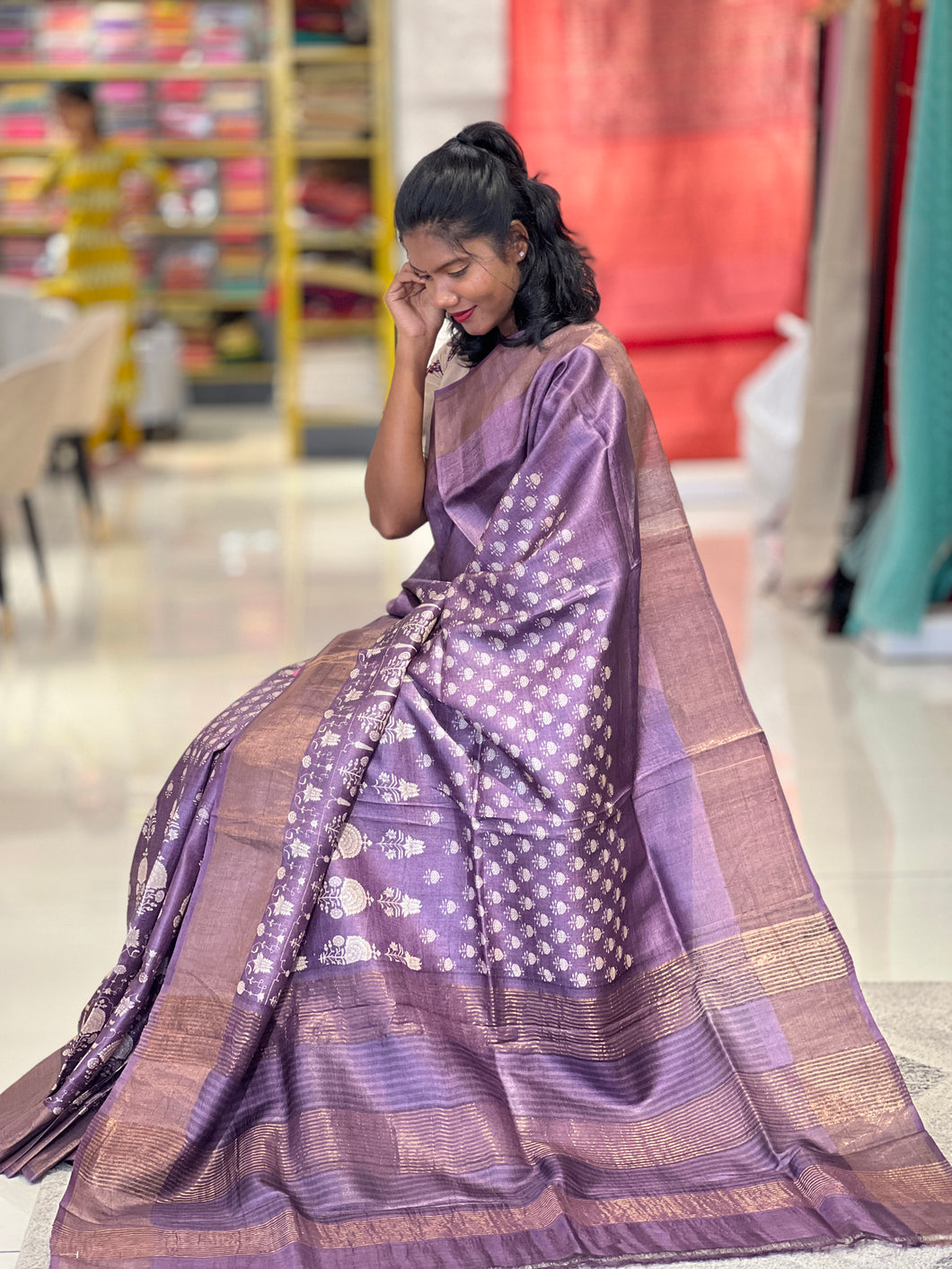 Floral Print With Zari Border Detailed Tussar Saree | NLM164