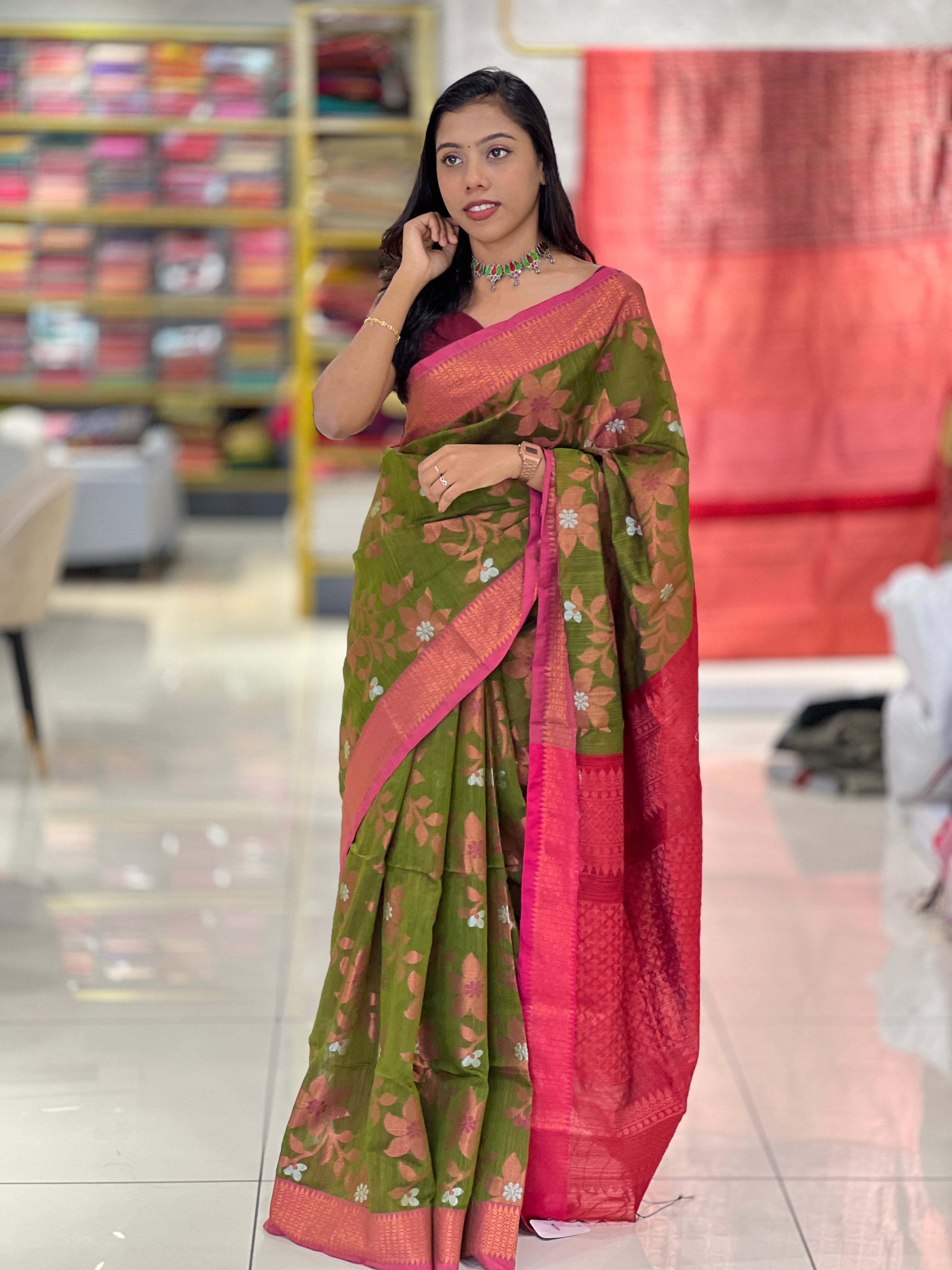 Jamdani Floral Weaving Pattern Chanderi Finish Saree | RP716