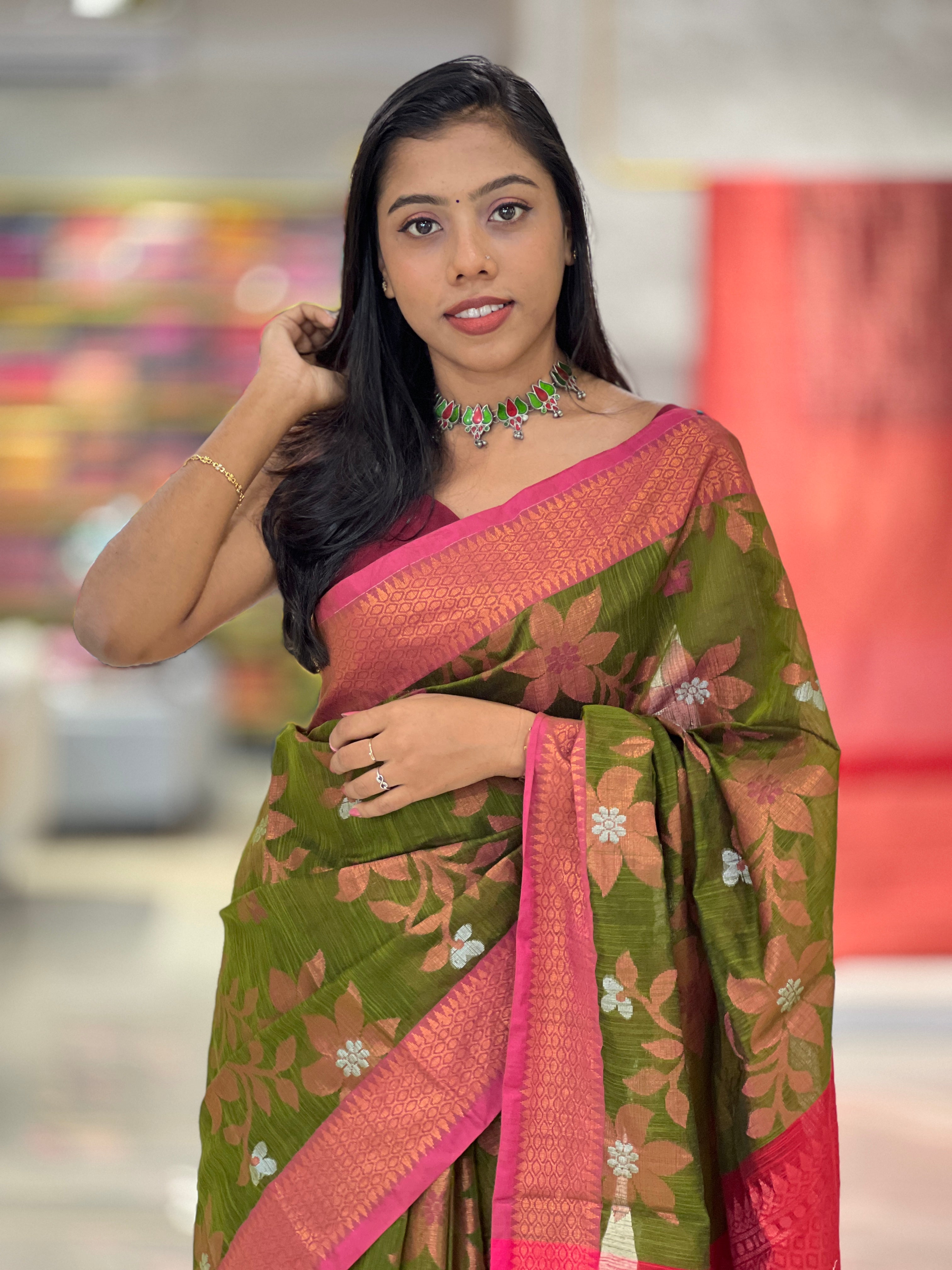 Jamdani Floral Weaving Pattern Chanderi Finish Saree | RP716