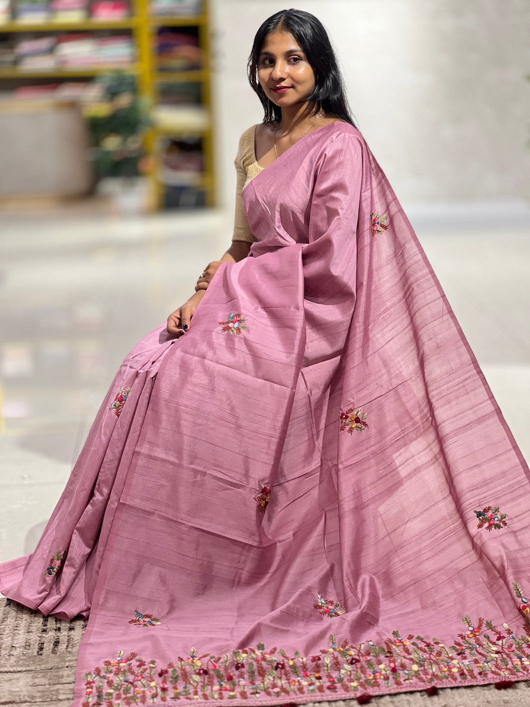 Floral Hand Embroidery Detailed Semi Silk Saree | BLD650