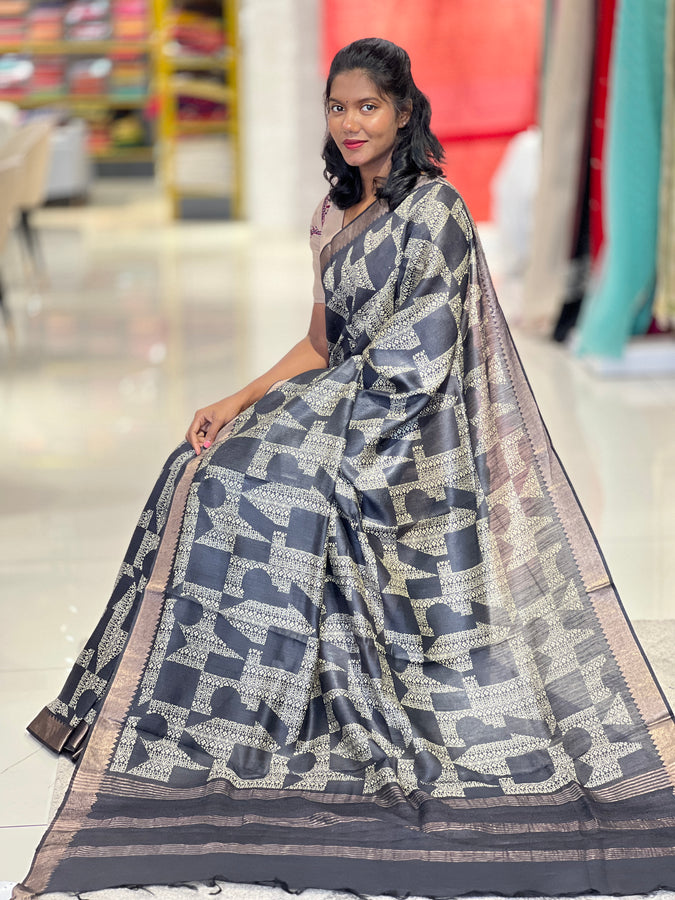 Geometric Abstract Printed Tussar Saree | NLM190