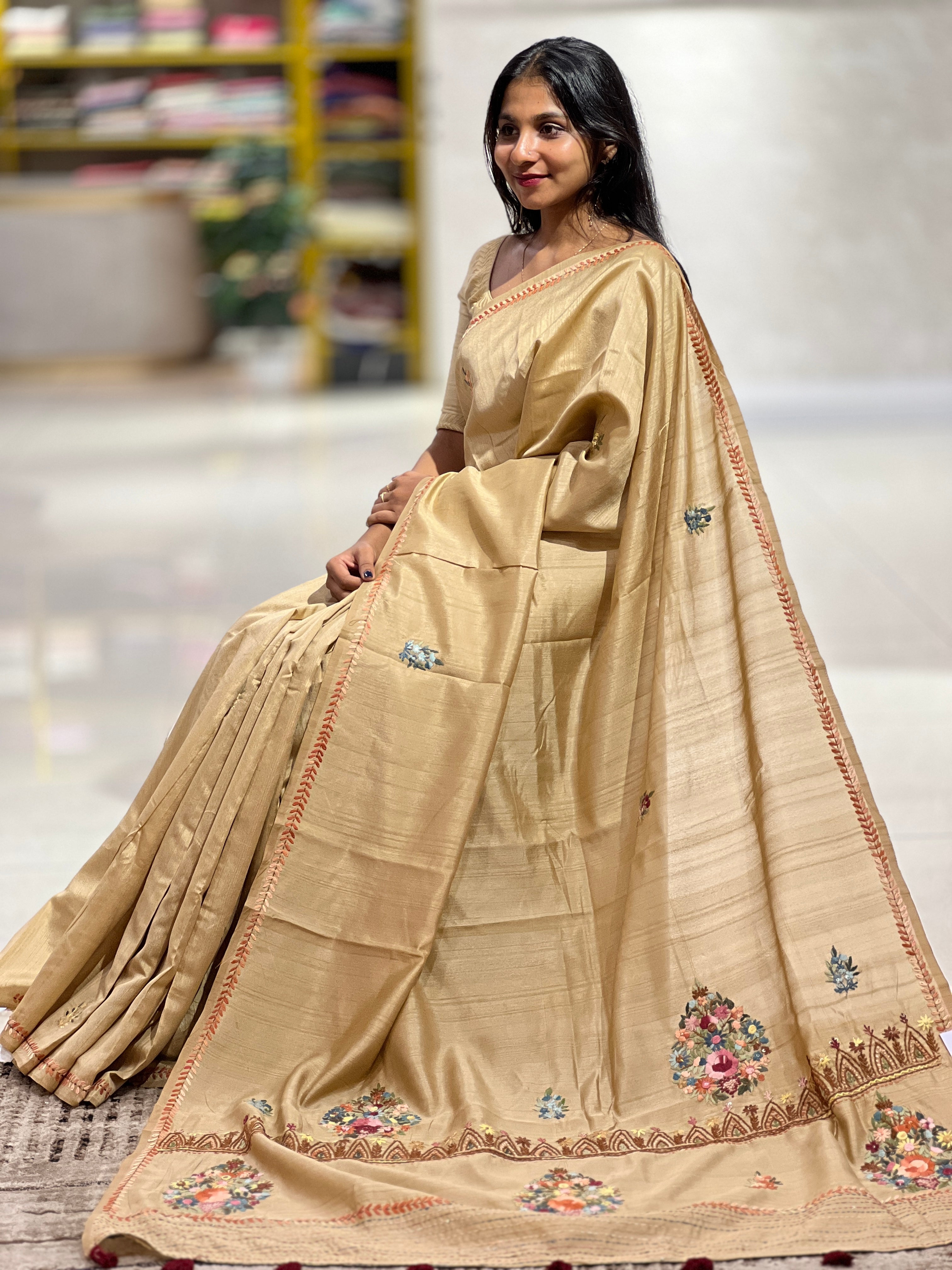 Floral Hand Embroidery Detailed Semi Silk Saree | BLD641