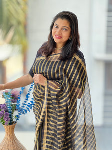 Golden Zari Stripe Weaving Patterned Organza Saree | FC180