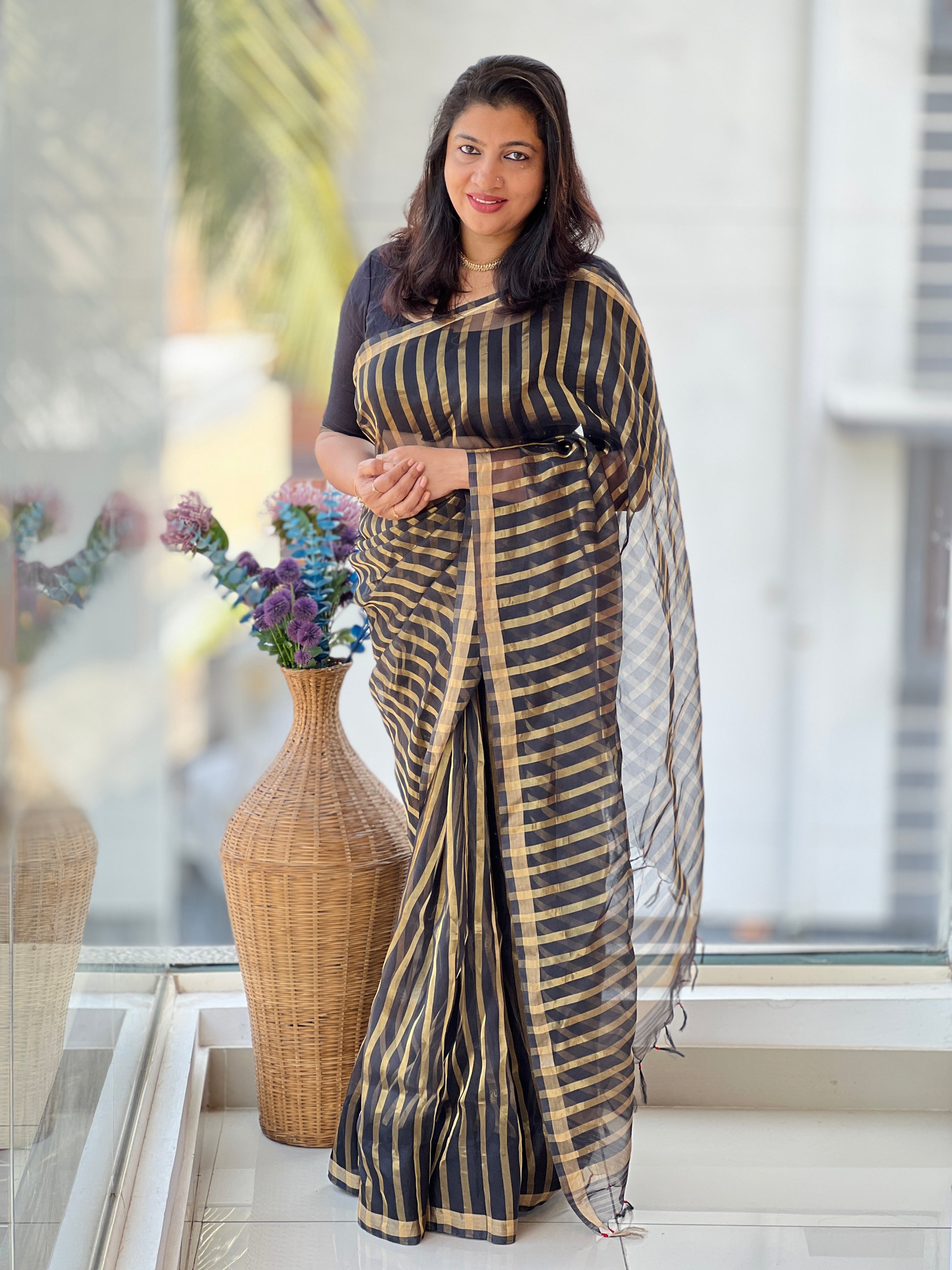 Golden Zari Stripe Weaving Patterned Organza Saree | FC180