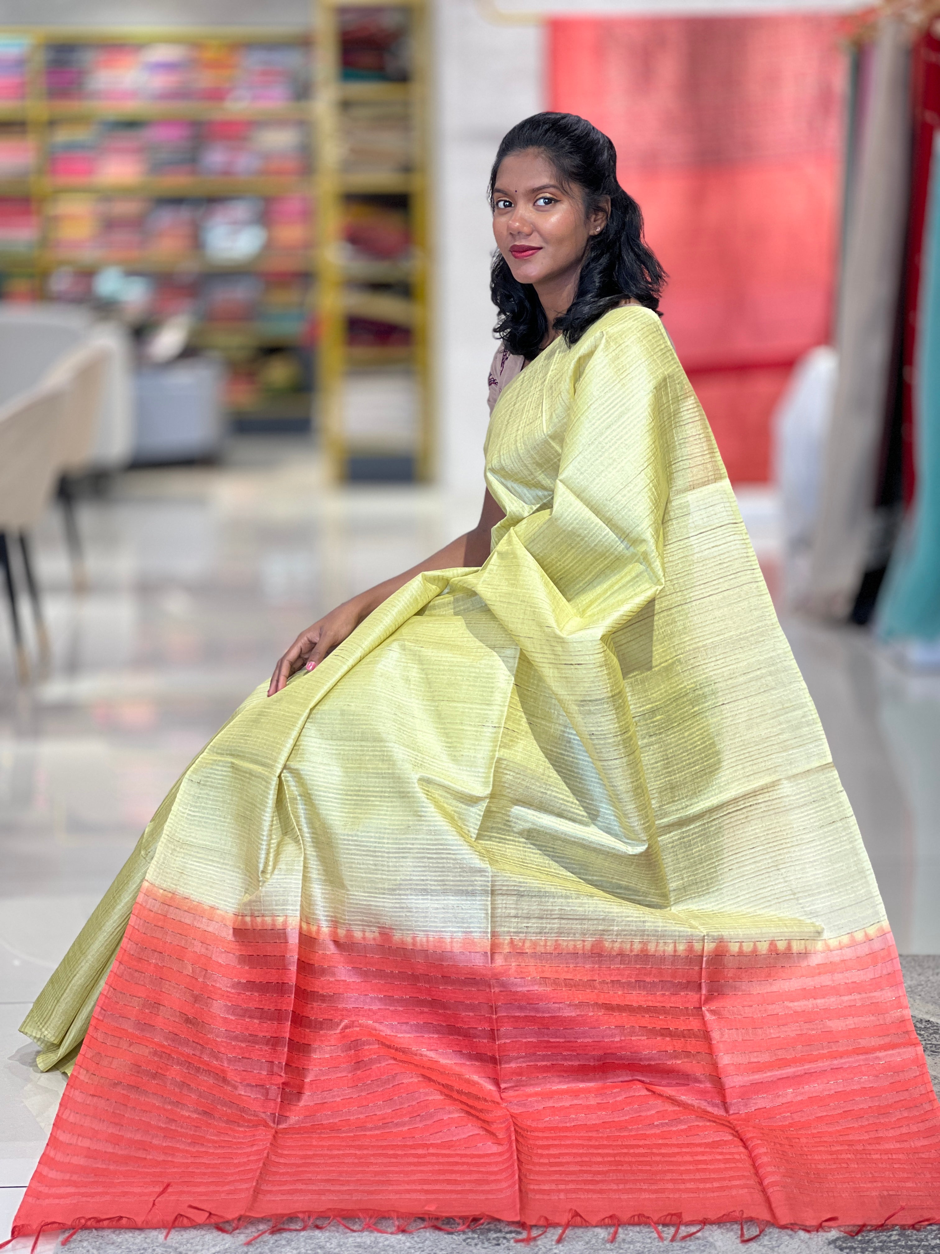 Stripe Patterned Noil Tussar Saree | MNH437
