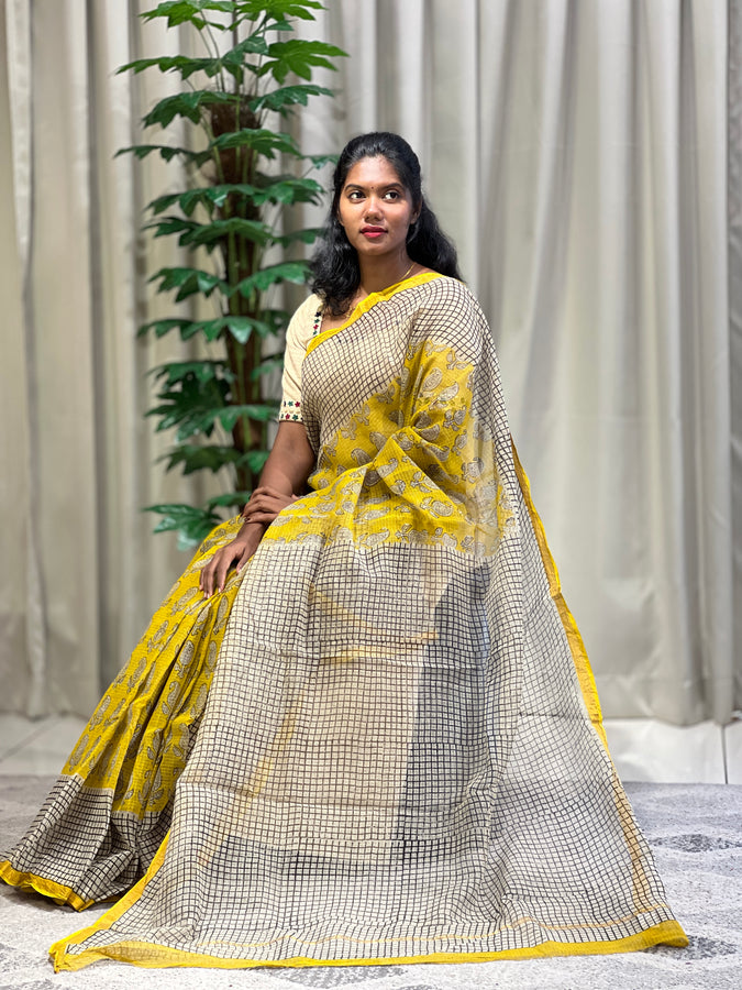 Paisley & Check Patterned Printed Kota Saree | VFC488