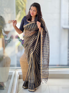 Golden Zari Stripe Weaving Patterned Organza Saree | FC180
