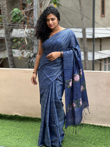 Geometrical Weaving Bhagalpuri Linen Saree | NHH223