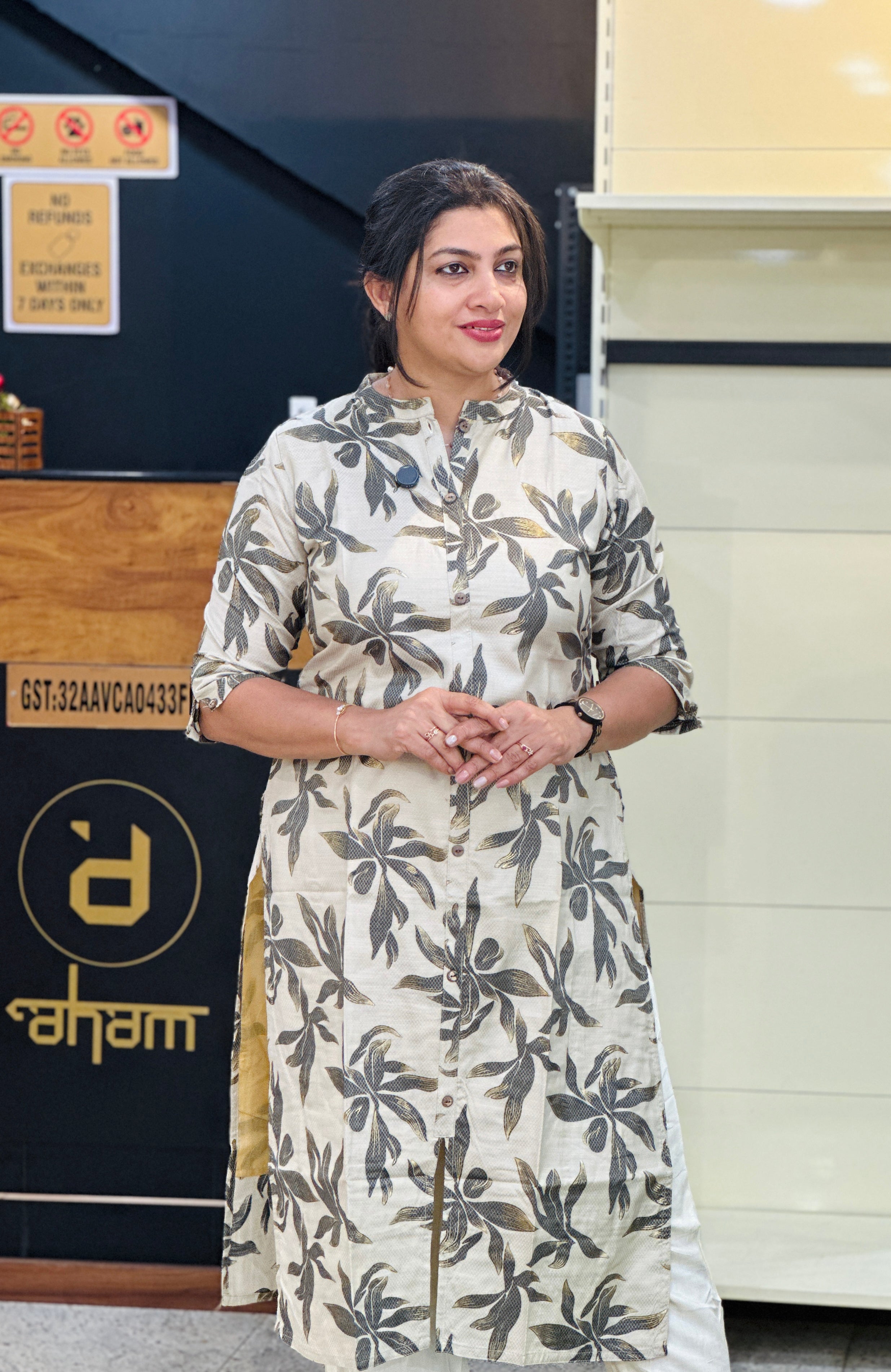 Leaf Print With Foil Print Detailed Rayon Kurta | VSI159