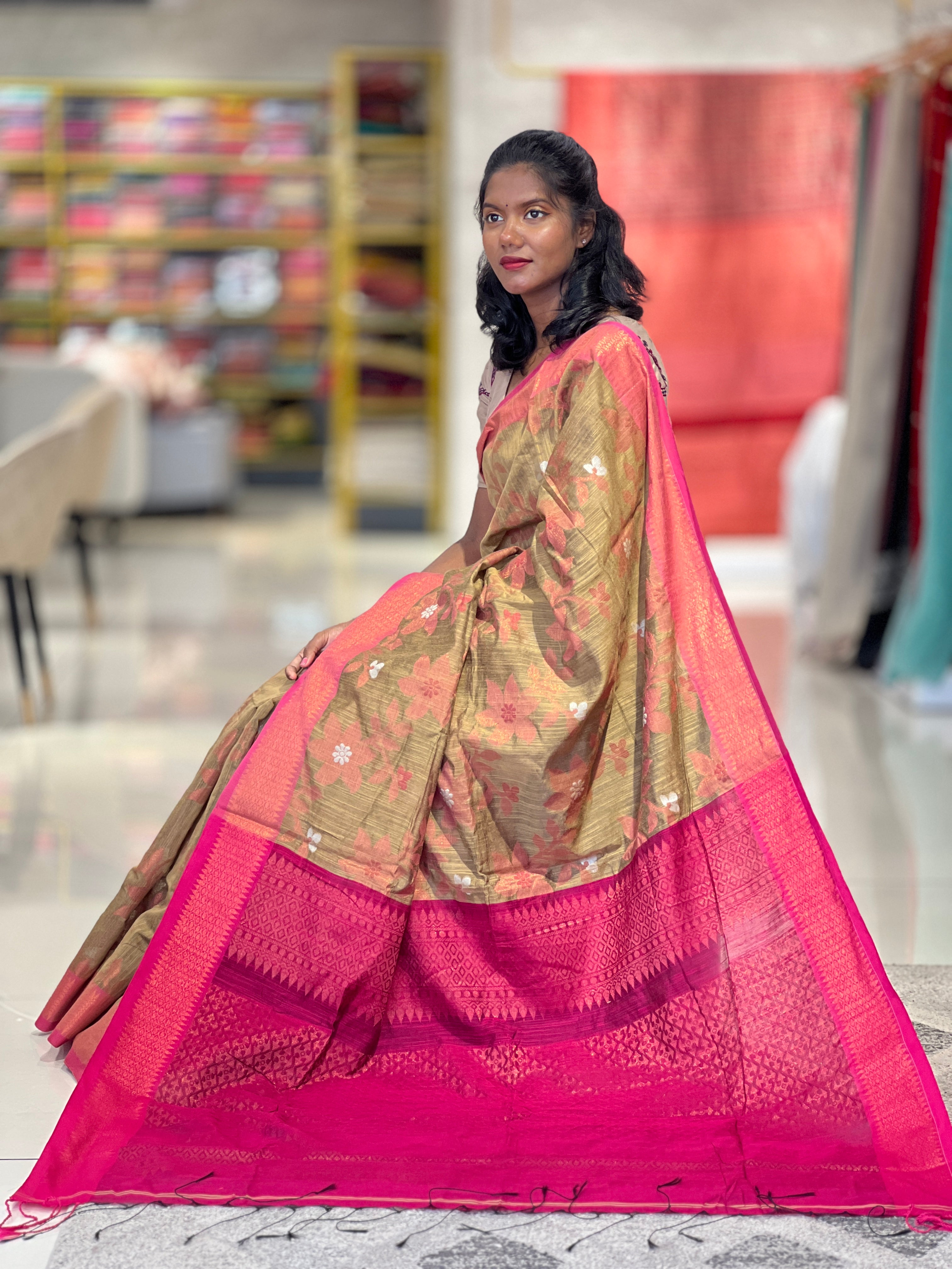 Jamdani Floral Weaving Pattern Chanderi Finish Saree | RP715