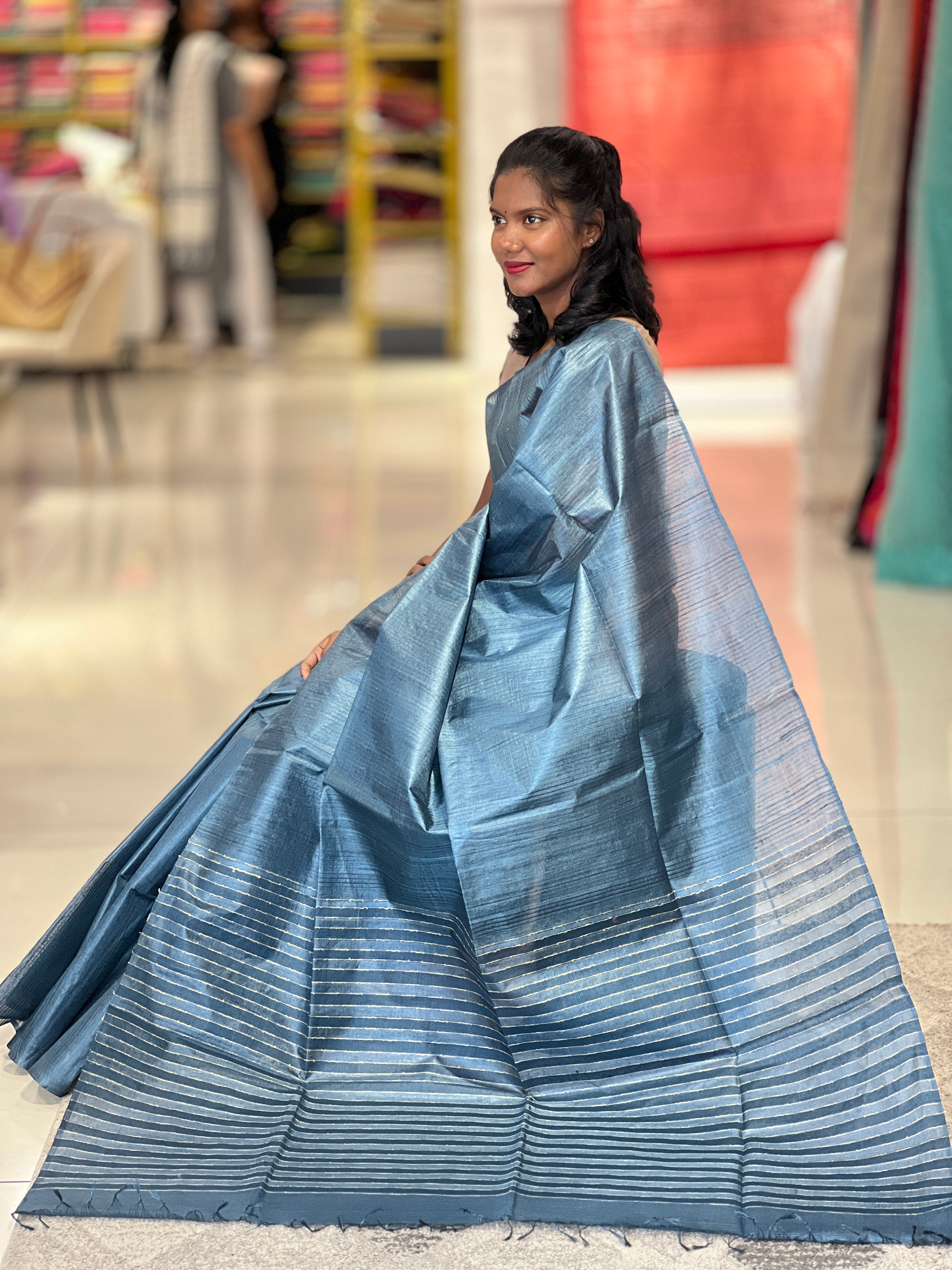 Stripe Patterned Noil Tussar Saree | MNH432