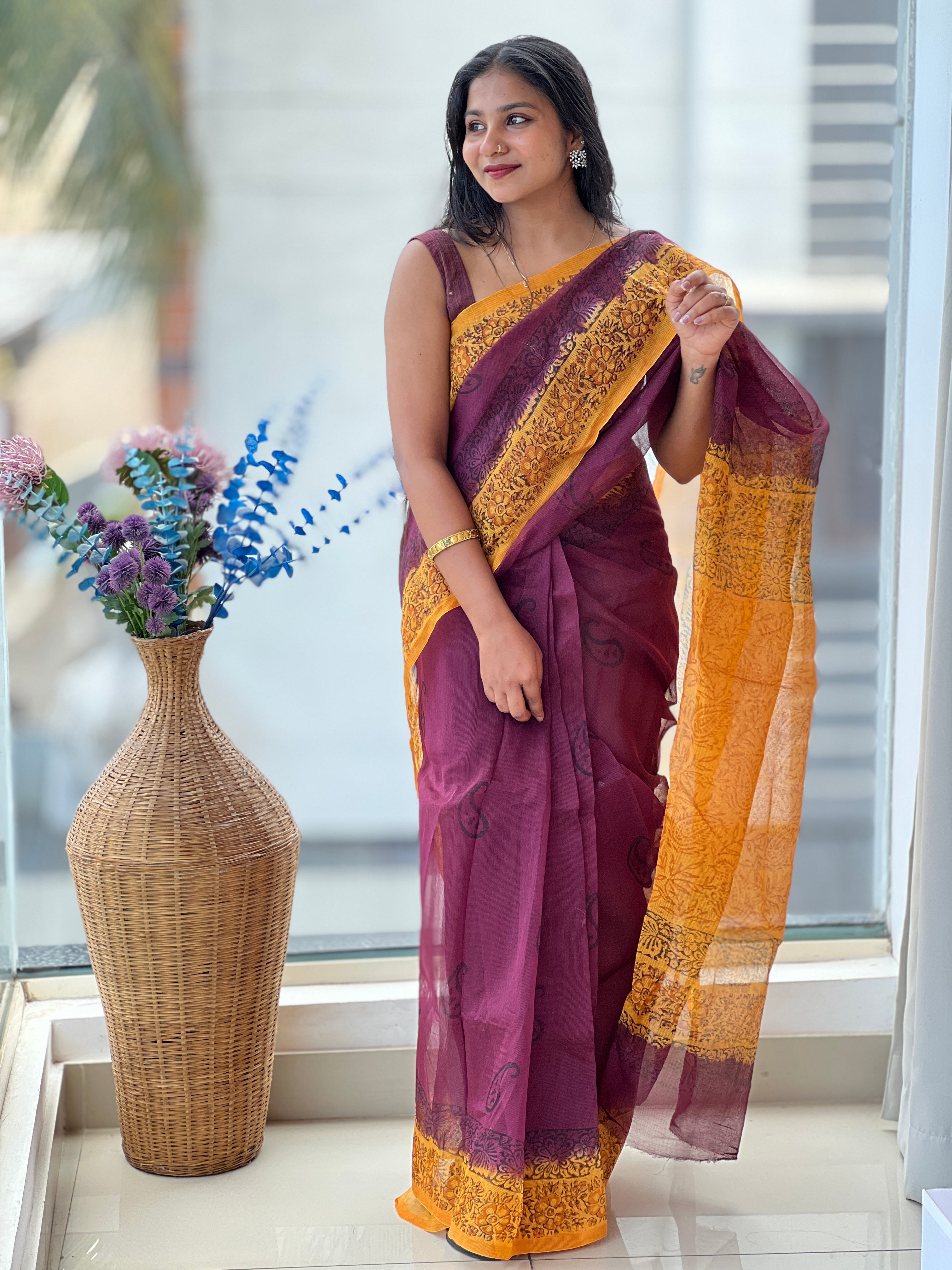 Hand Block Printed Supernet Kota Saree | SF1319