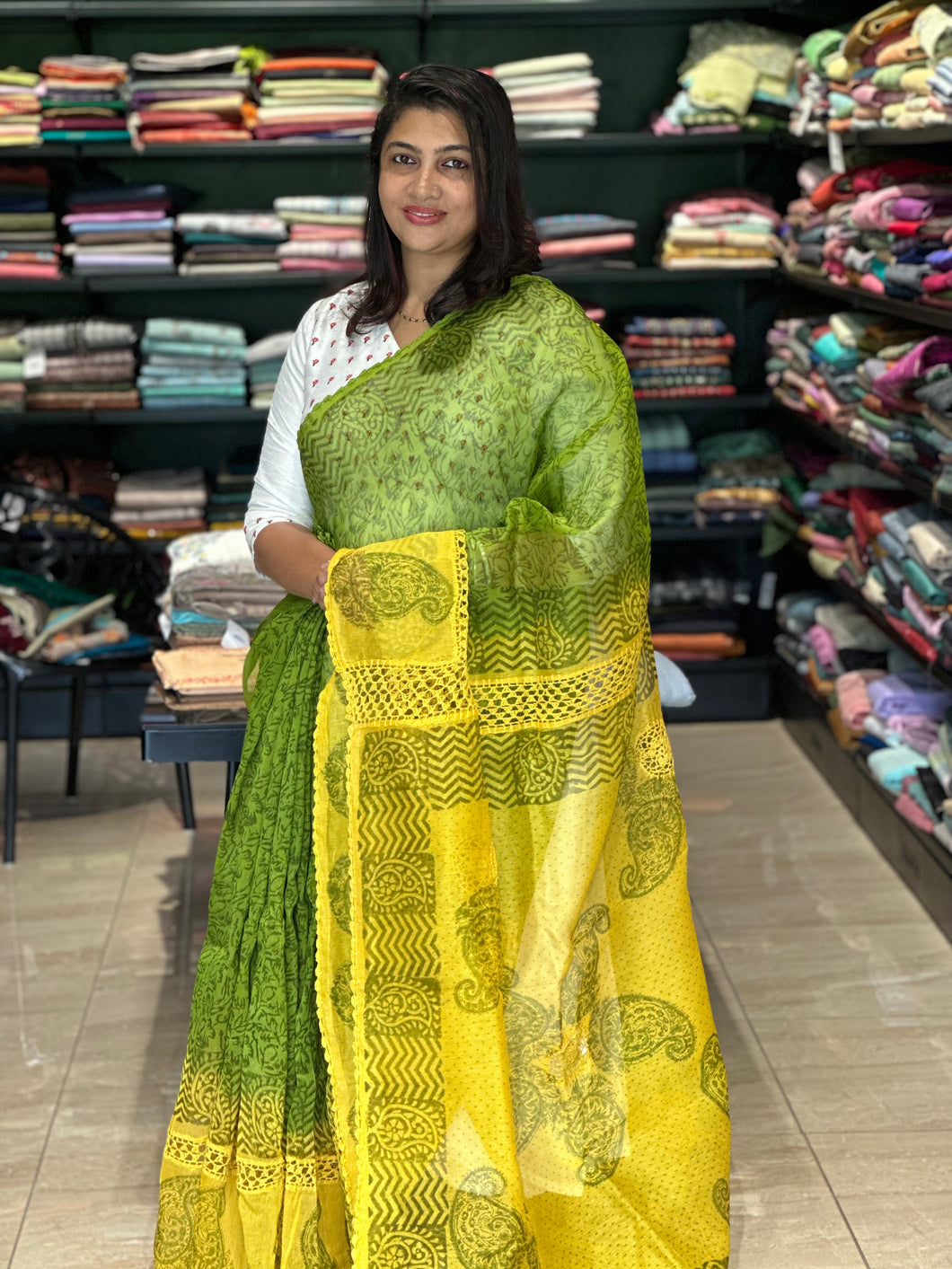 Hand Block Printed and Chrochio Lace Saree | SF910
