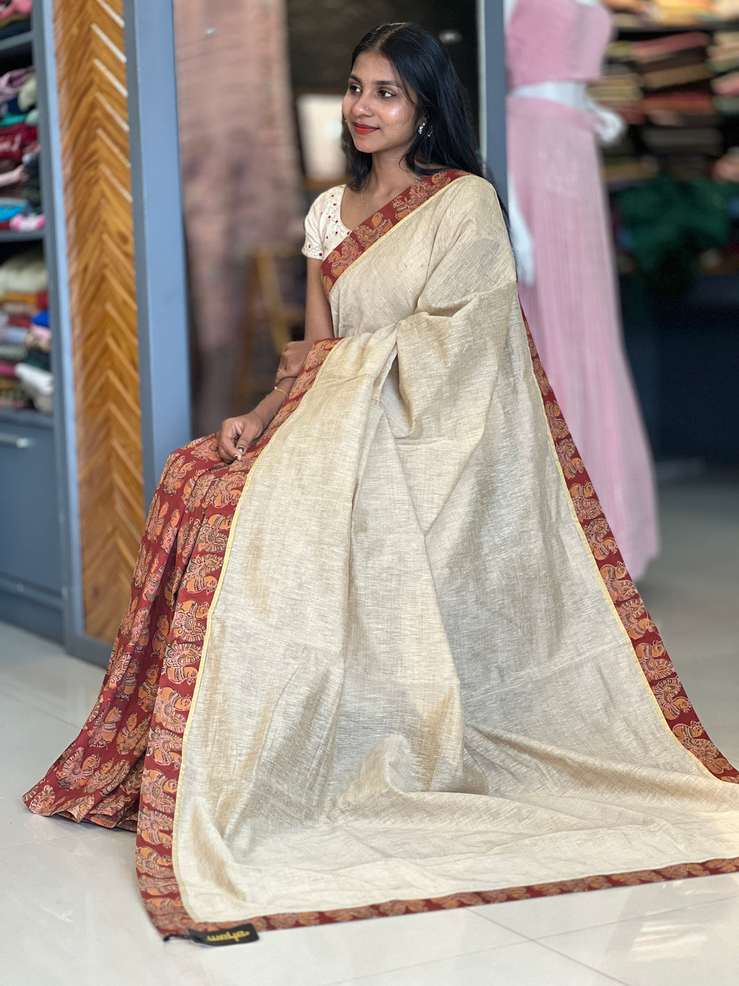 Kalamkari Patterned Slub Chanderi Finish Saree | AHR146