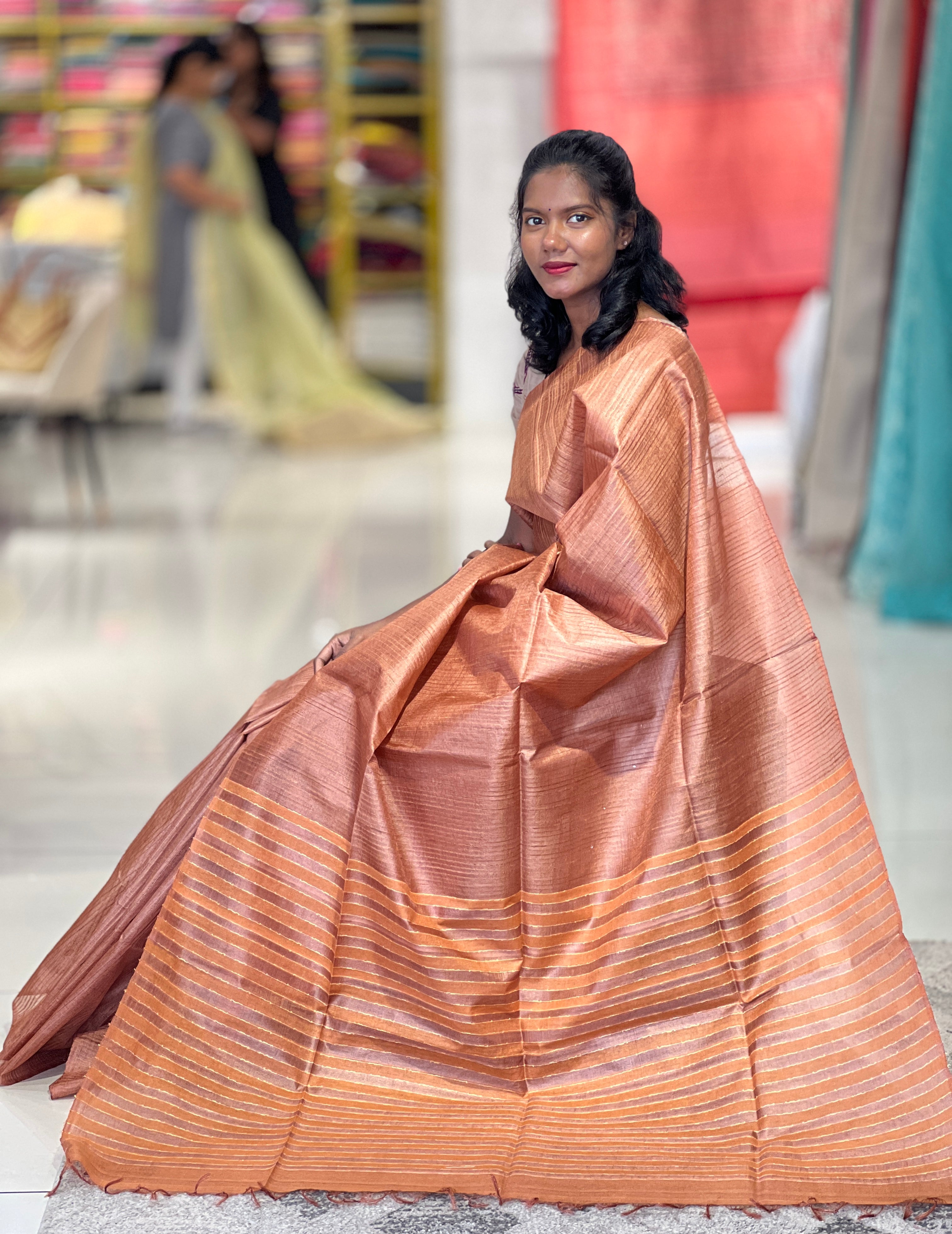 Stripe Patterned Noil Tussar Saree | MNH431