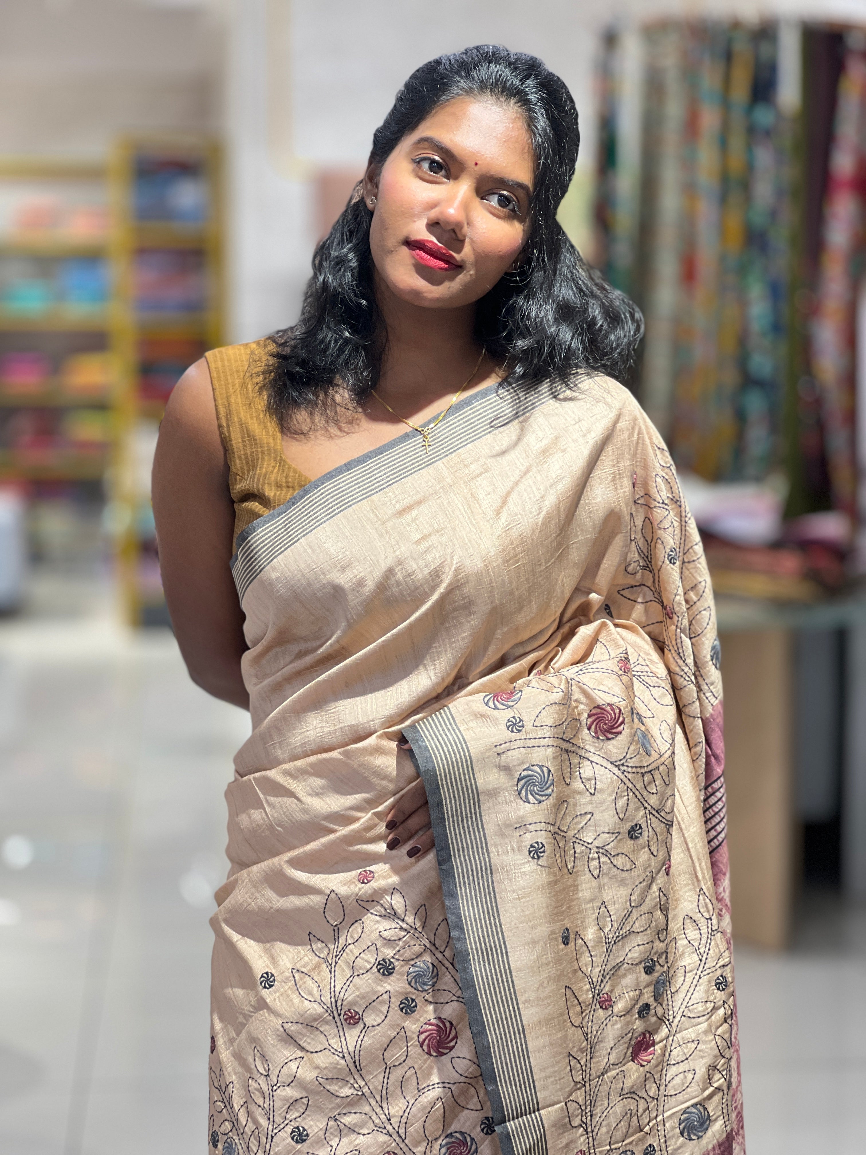 Machine Embroidery Semi Tussar Saree | SSN175