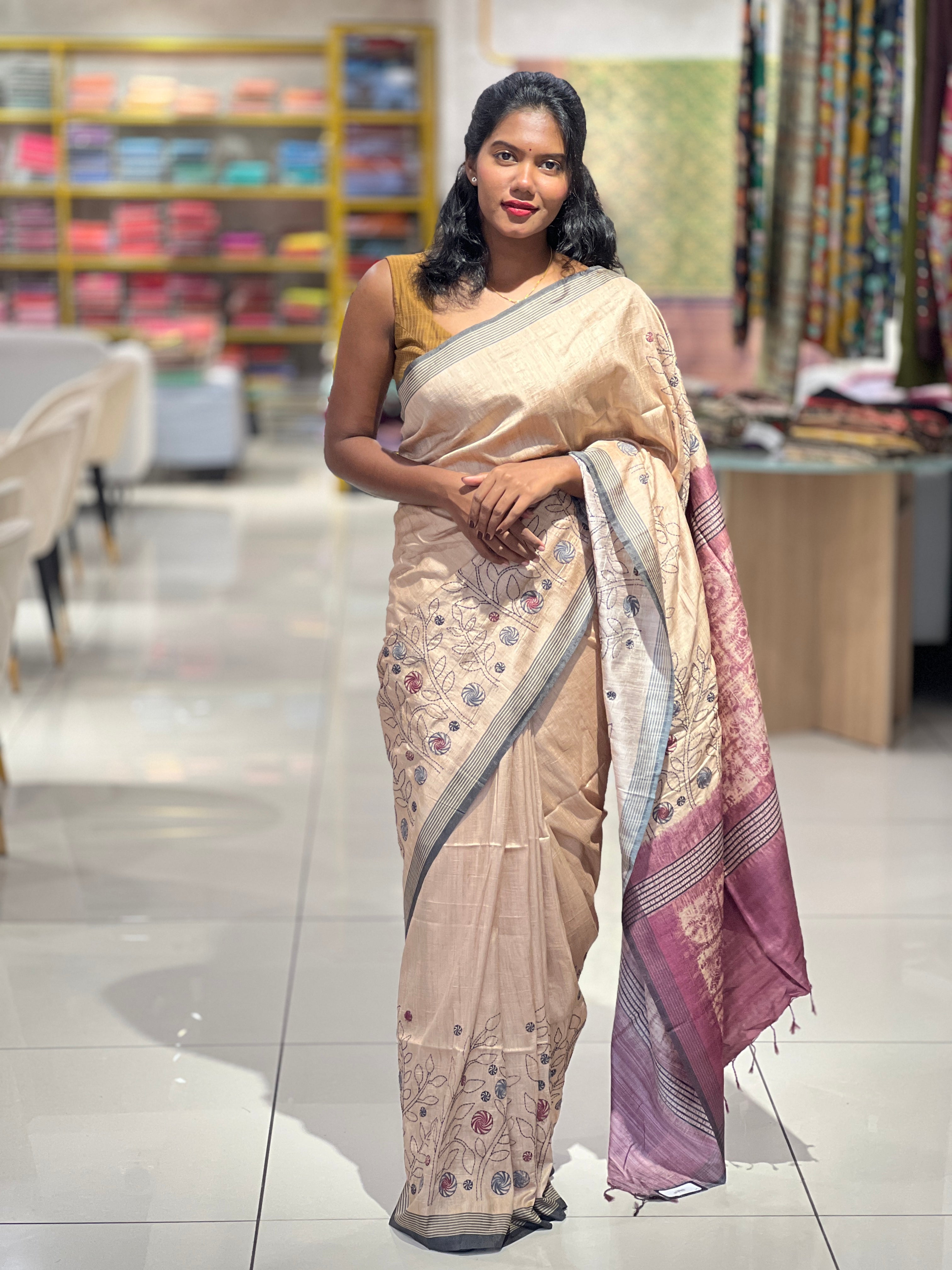 Machine Embroidery Semi Tussar Saree | SSN175
