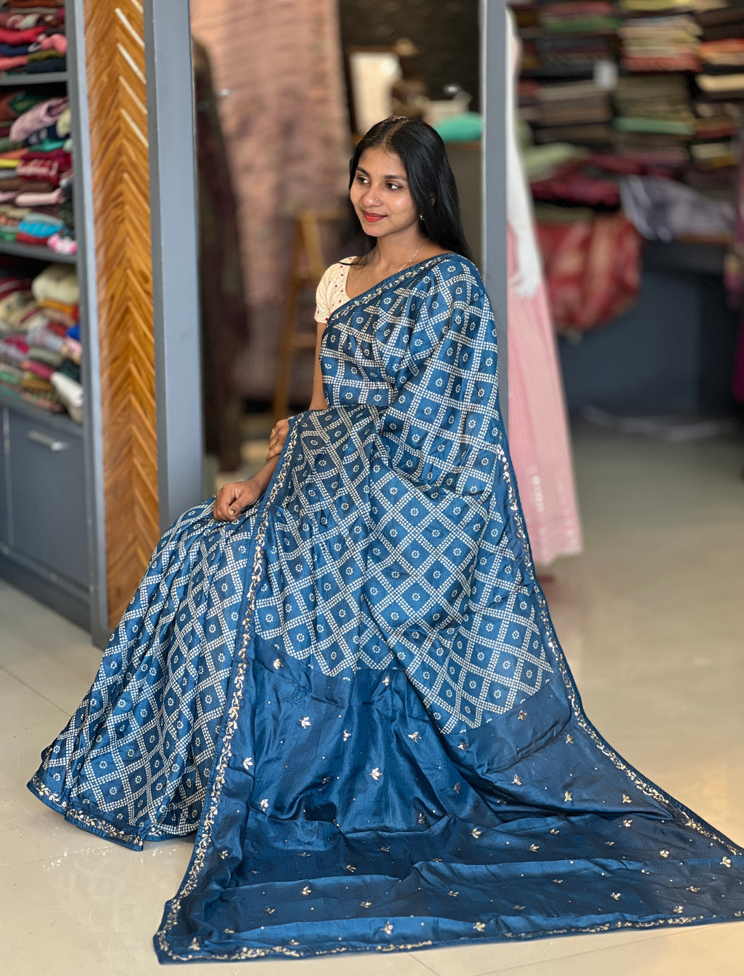 Block Printed Tussar Saree | AHR243