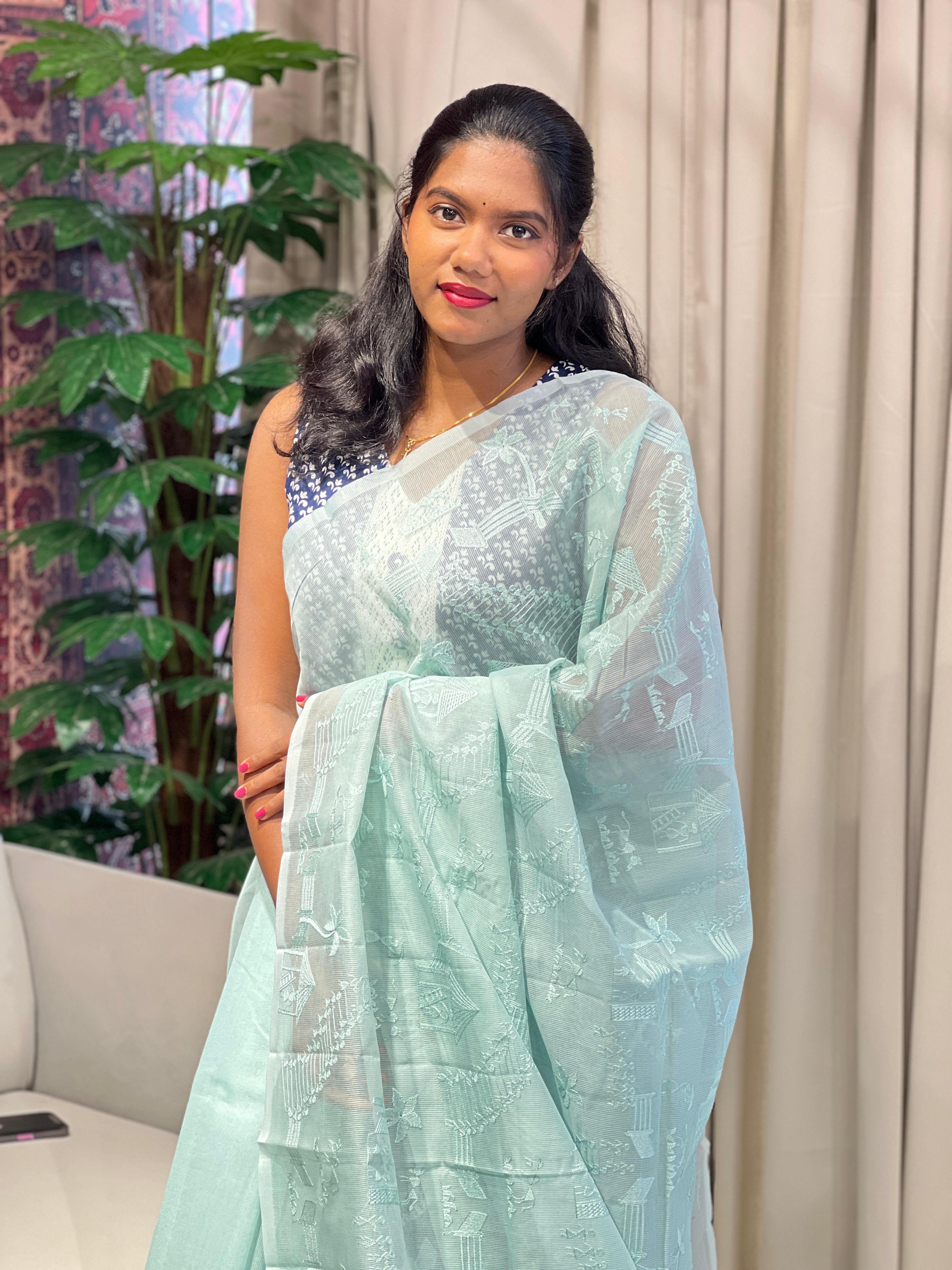 Warli Pattern Embroidery Detailed Supernet Kota Saree | YNG915