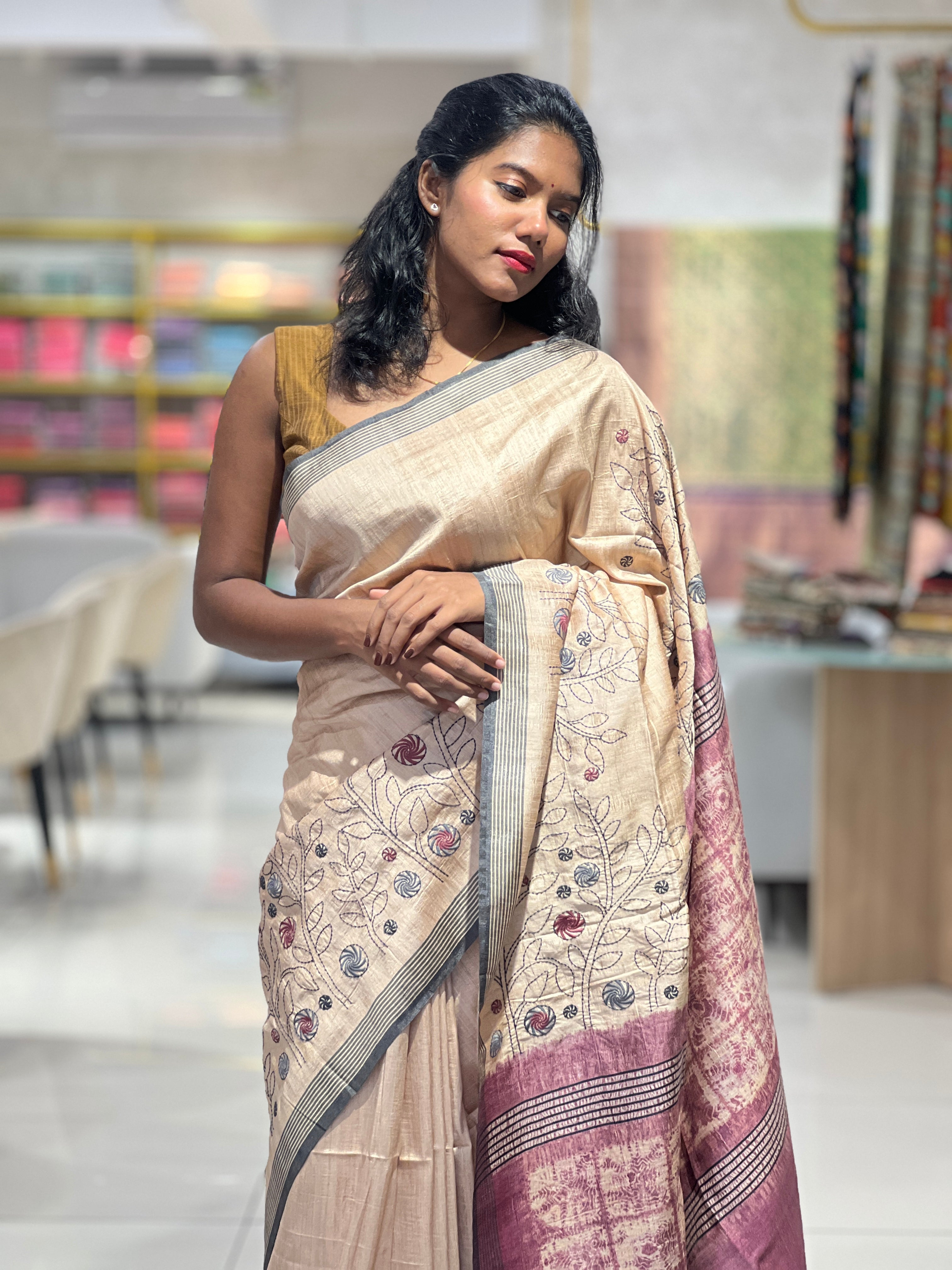 Machine Embroidery Semi Tussar Saree | SSN175