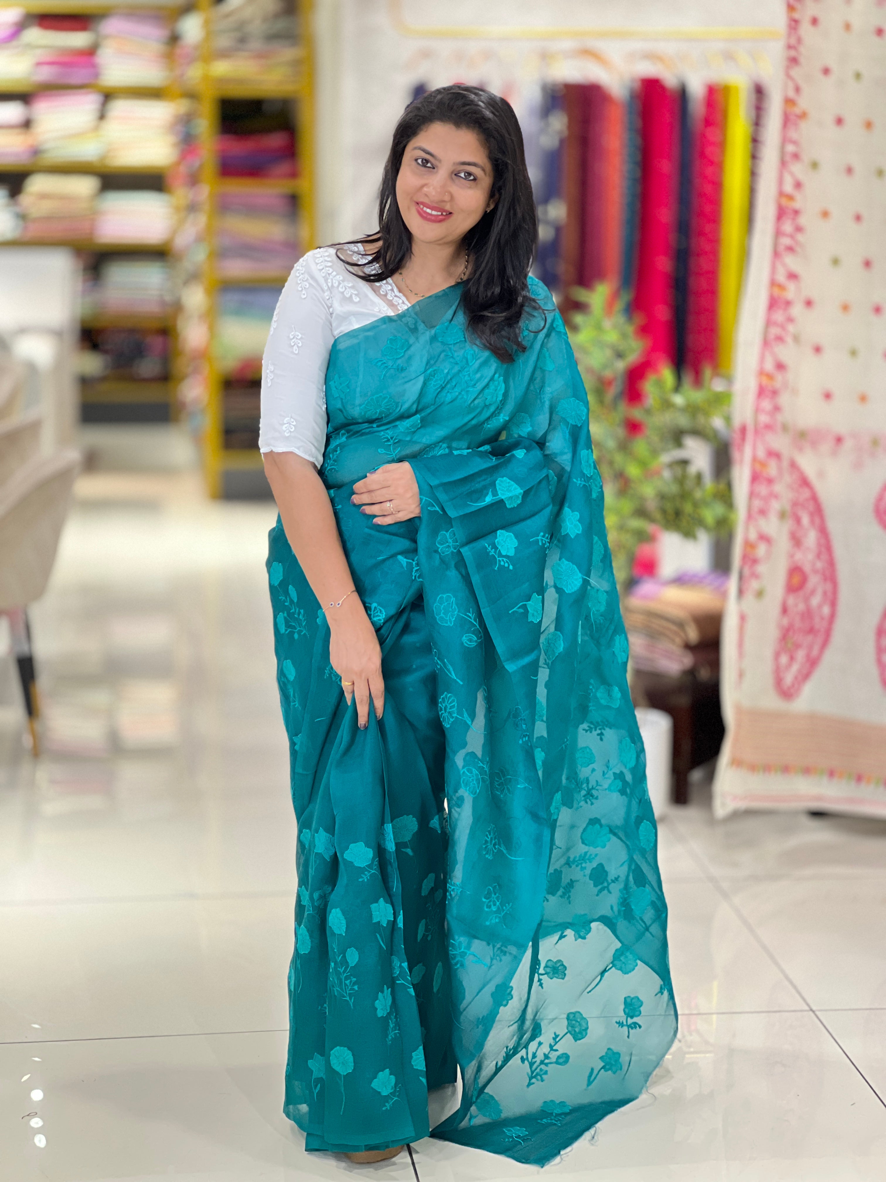 Floral Applique Work Pure Viscose Organza Saree | MM508