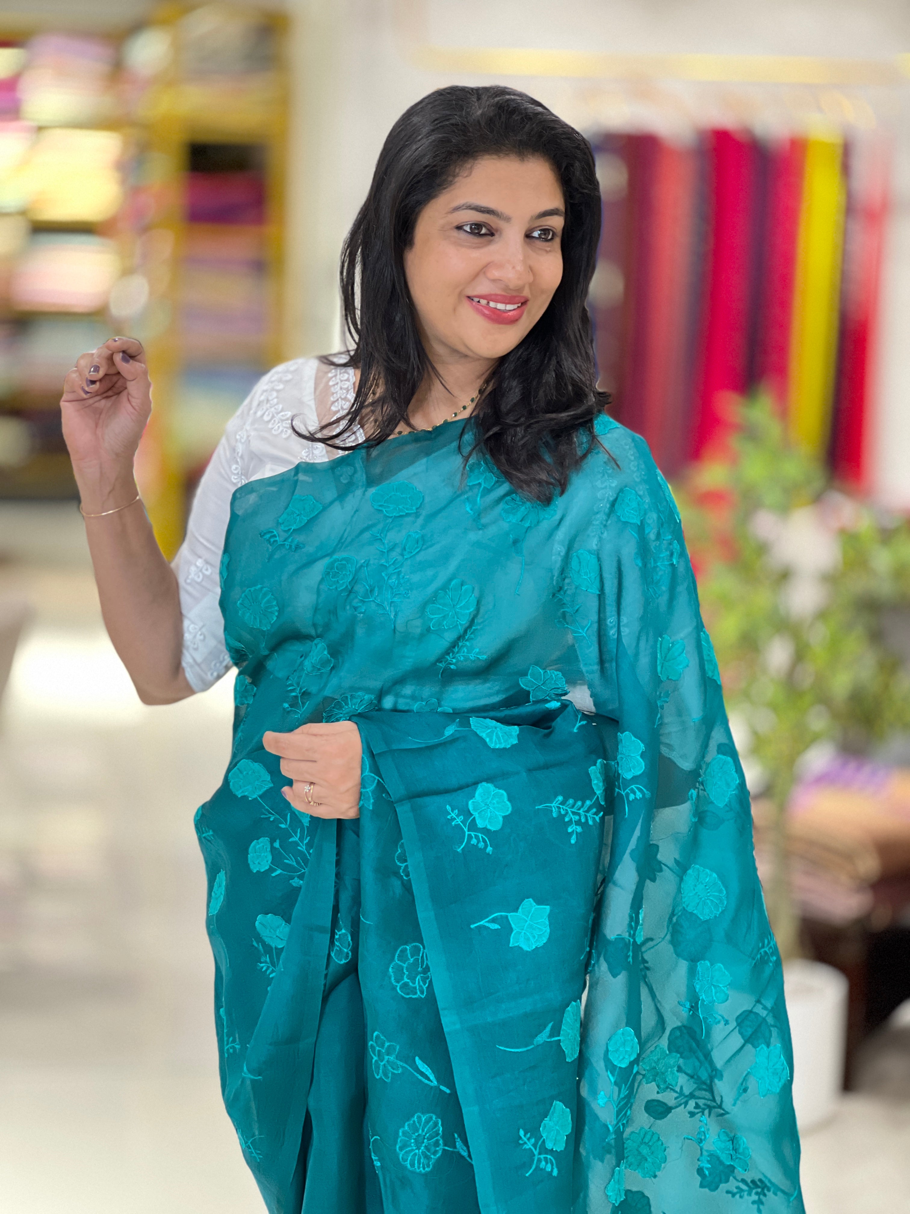 Floral Applique Work Pure Viscose Organza Saree | MM508
