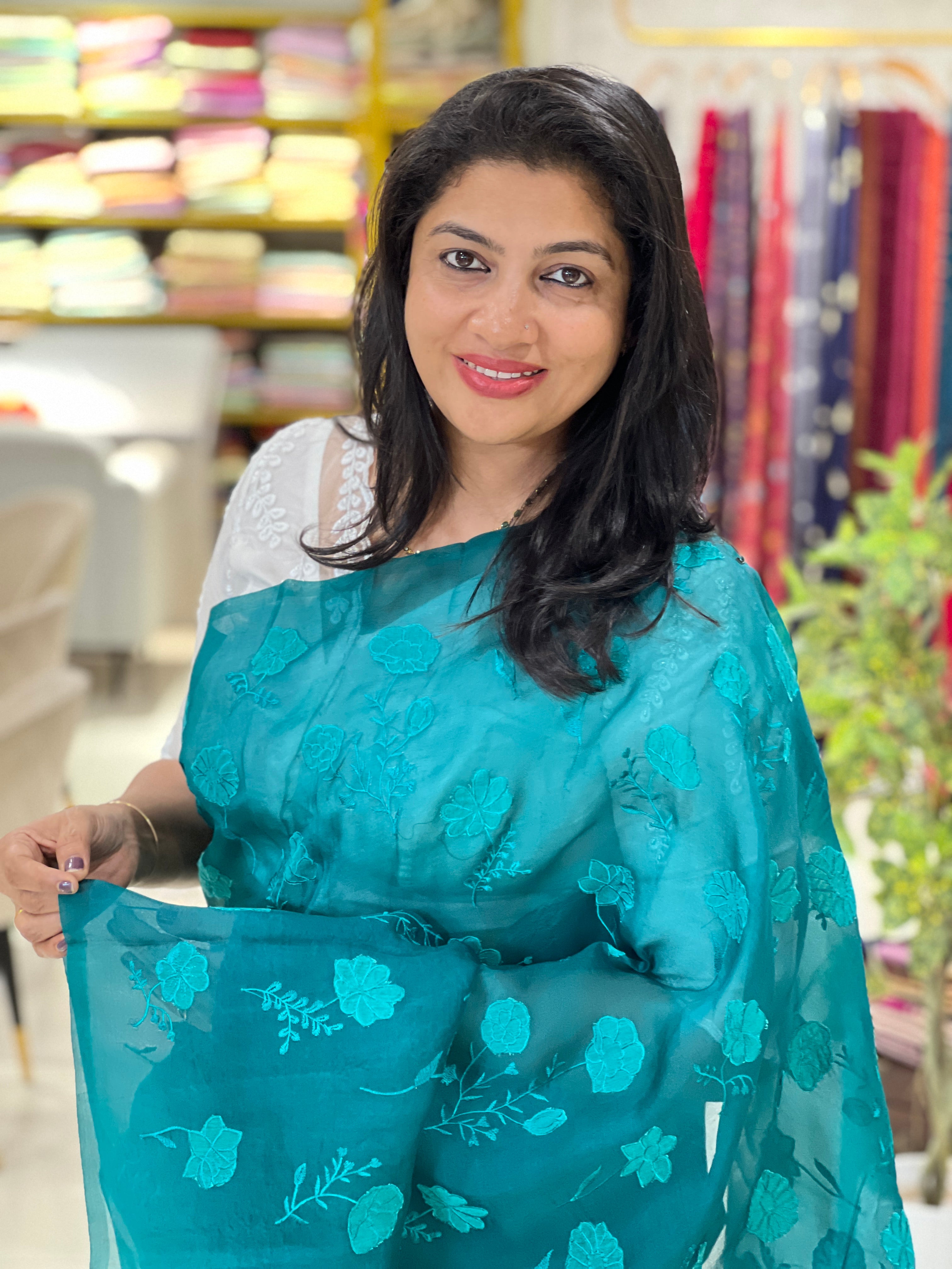 Floral Applique Work Pure Viscose Organza Saree | MM508