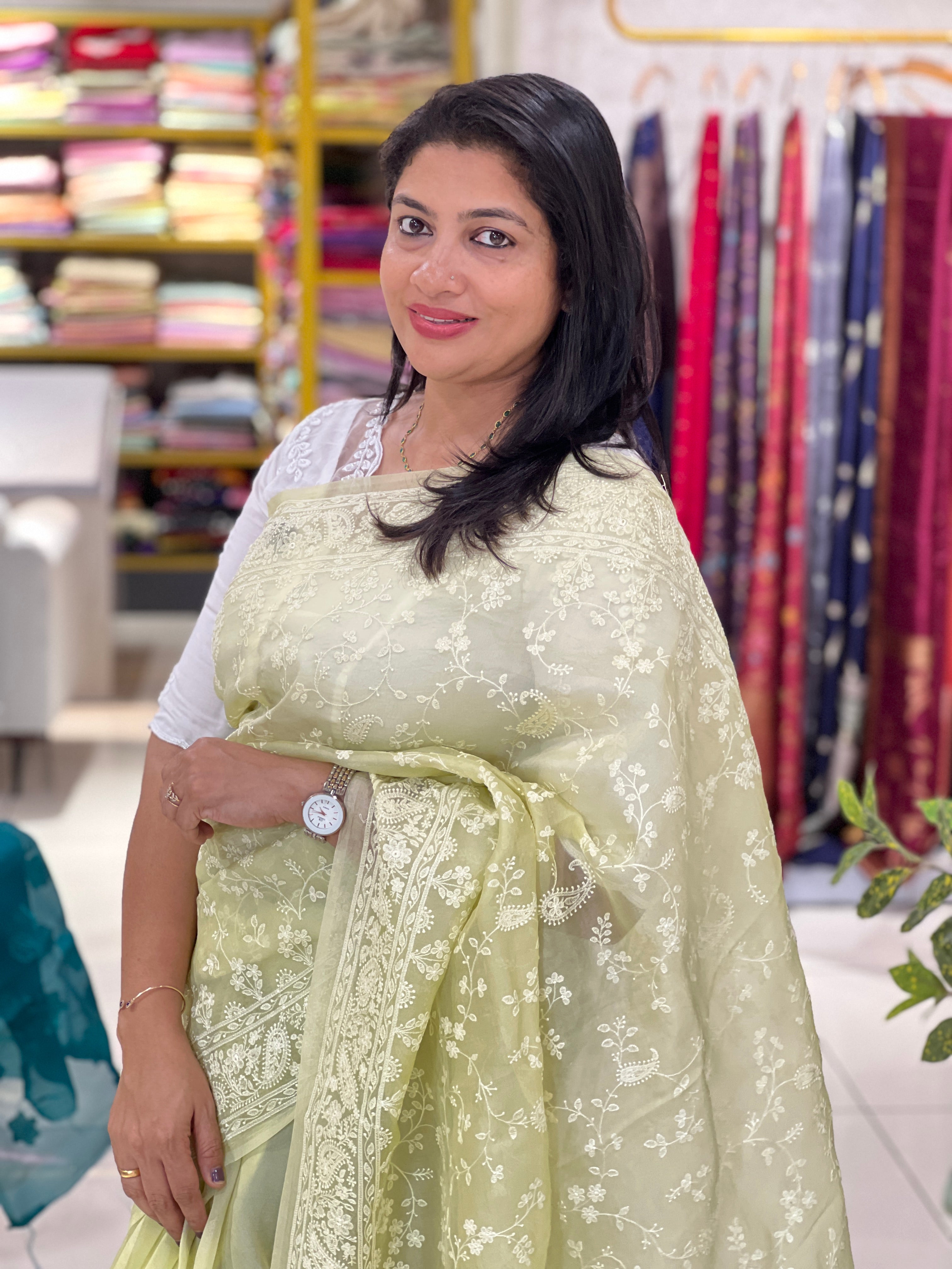 Lucknowi Embroiderd Paisley Pattern Pure Organza Saree |MM525