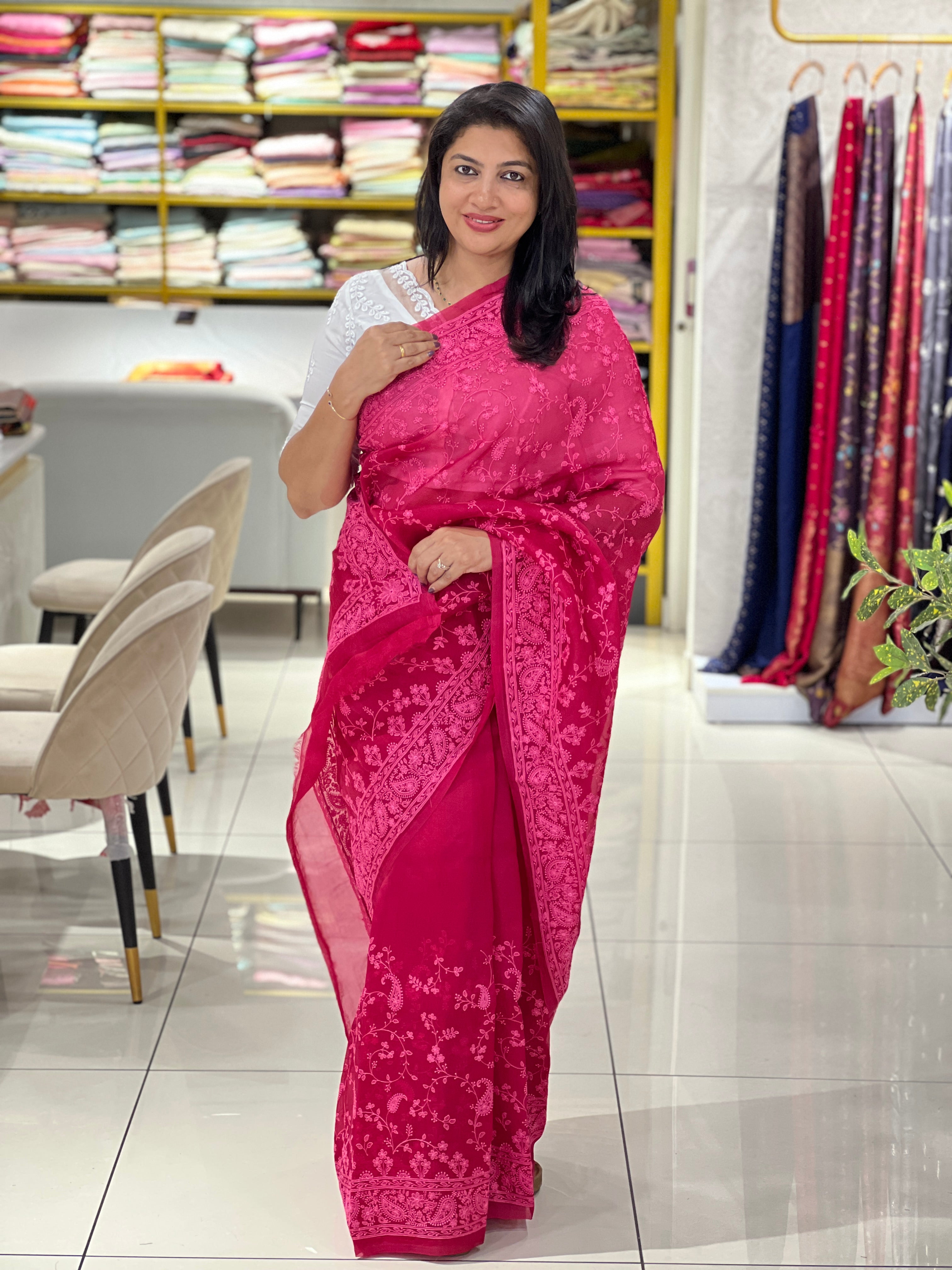 Lucknowi Embroiderd Paisley Pattern Pure Organza Saree |MM526