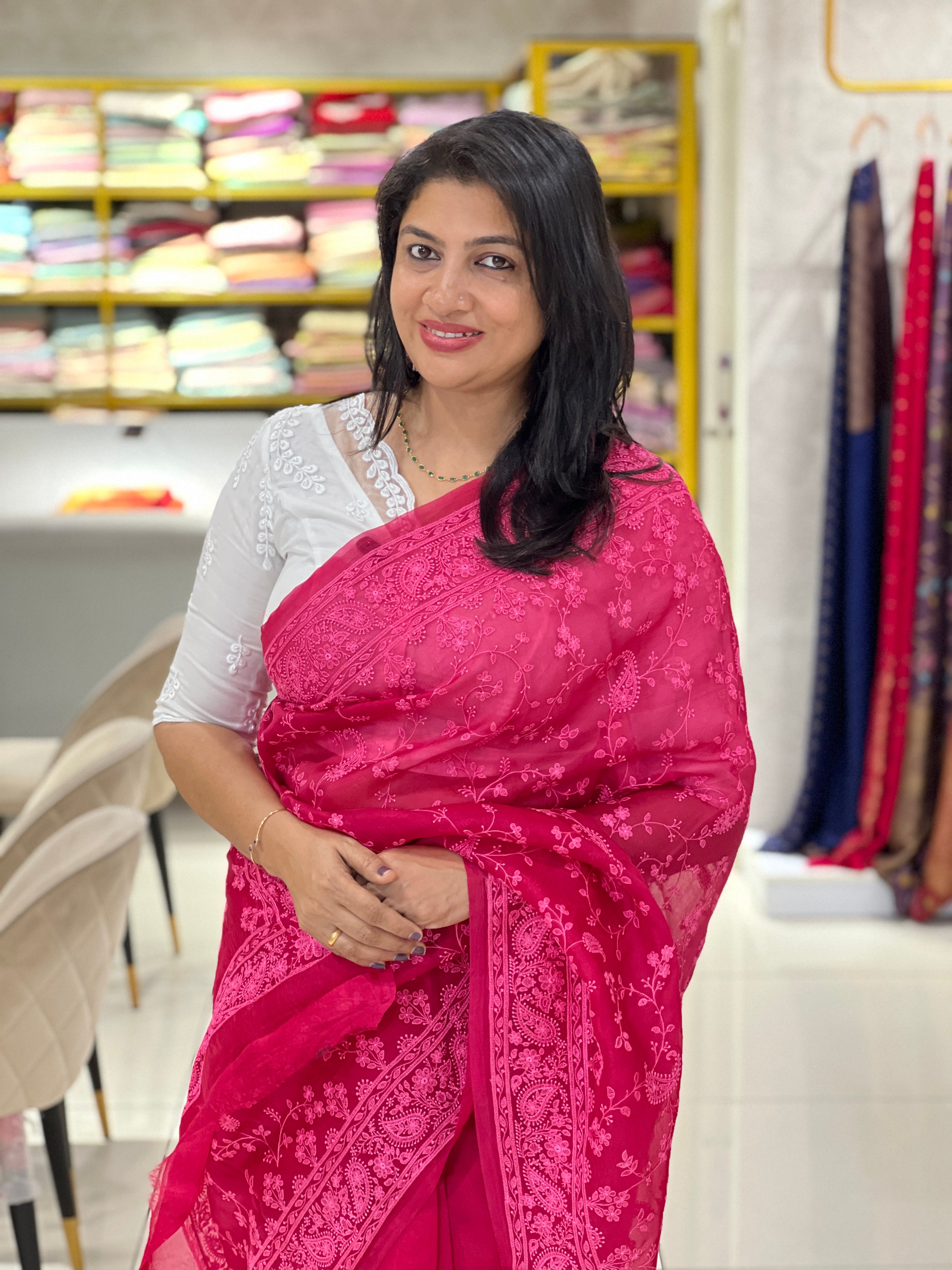 Lucknowi Embroiderd Paisley Pattern Pure Organza Saree |MM526