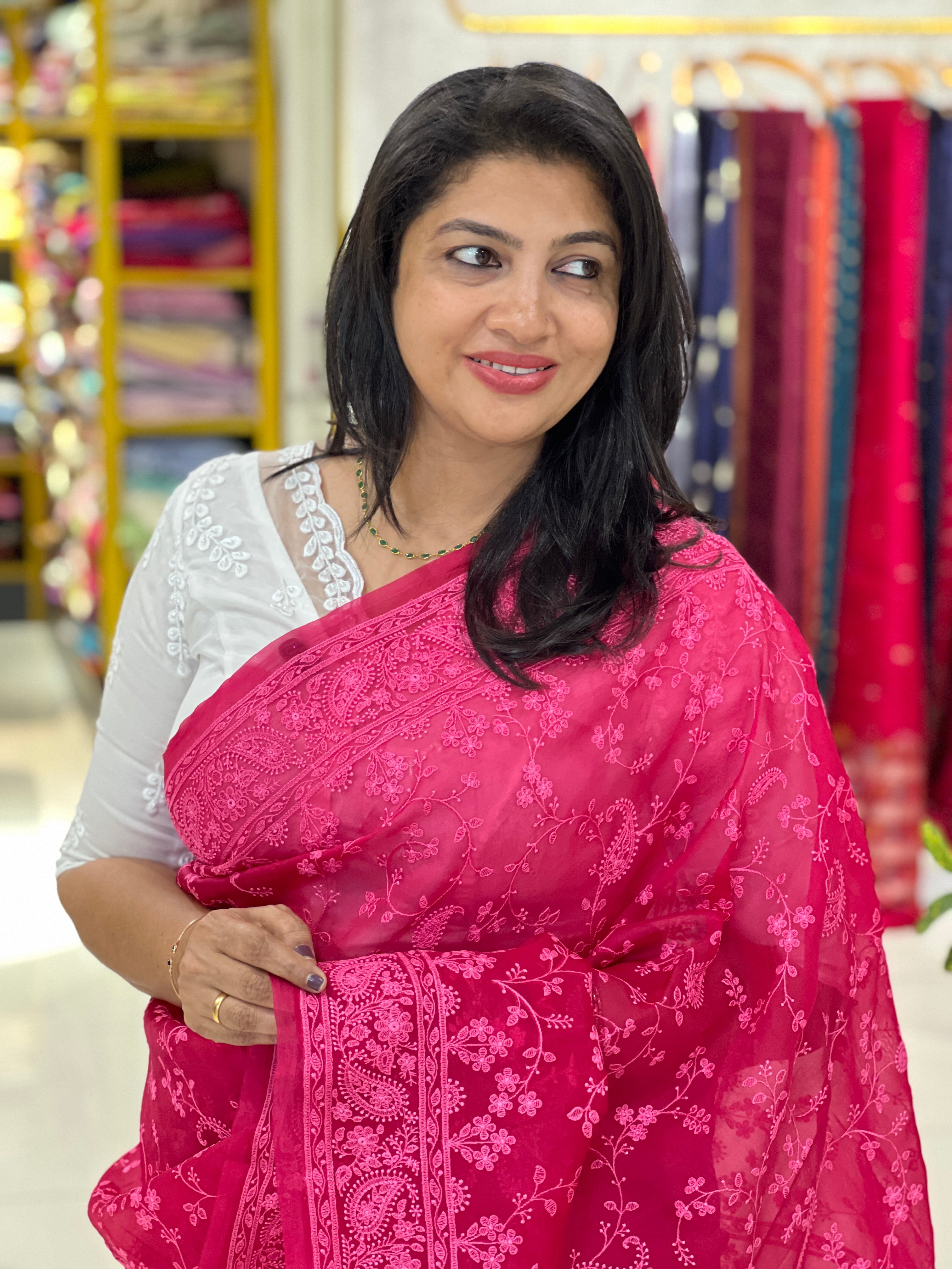 Lucknowi Embroiderd Paisley Pattern Pure Organza Saree |MM526