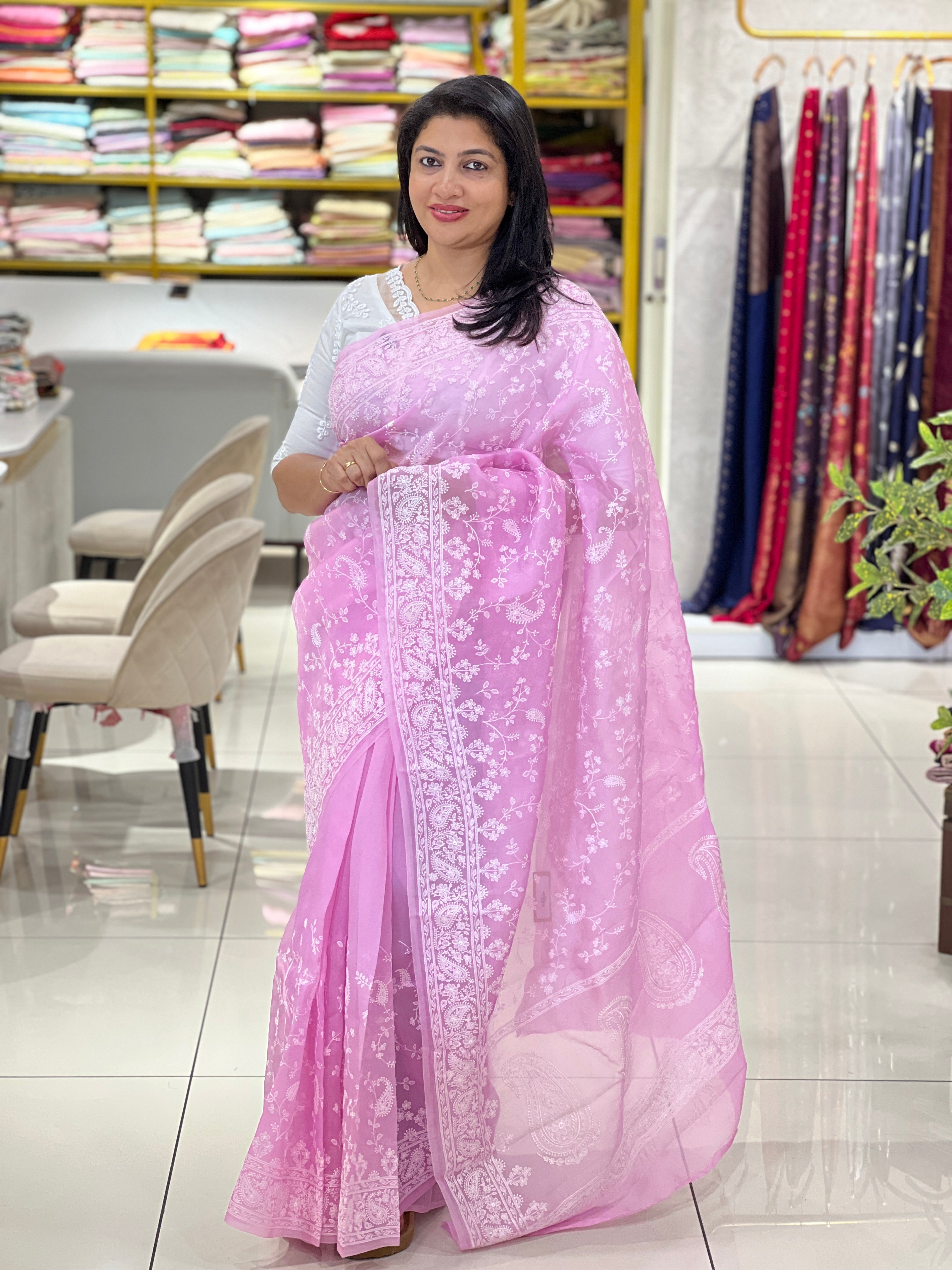 Lucknowi Embroiderd Paisley Pattern Pure Organza Saree |MM527