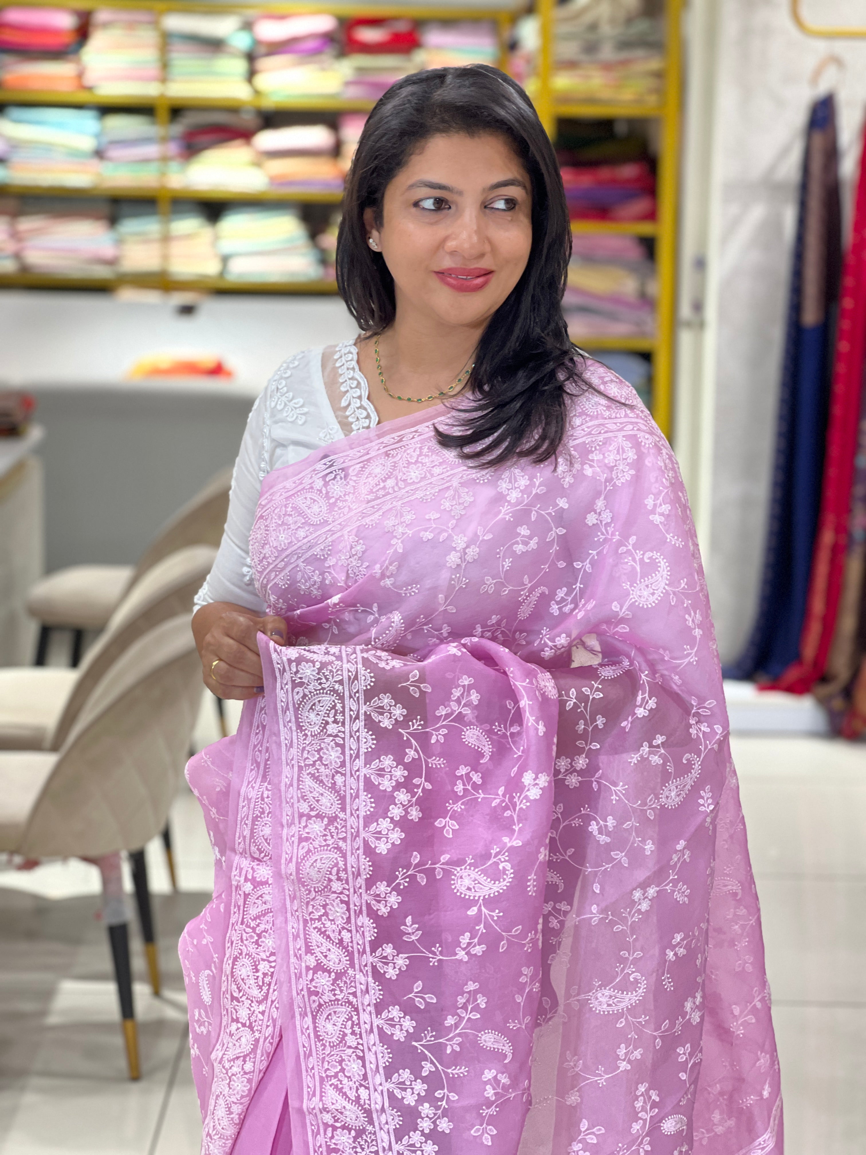 Lucknowi Embroiderd Paisley Pattern Pure Organza Saree |MM527