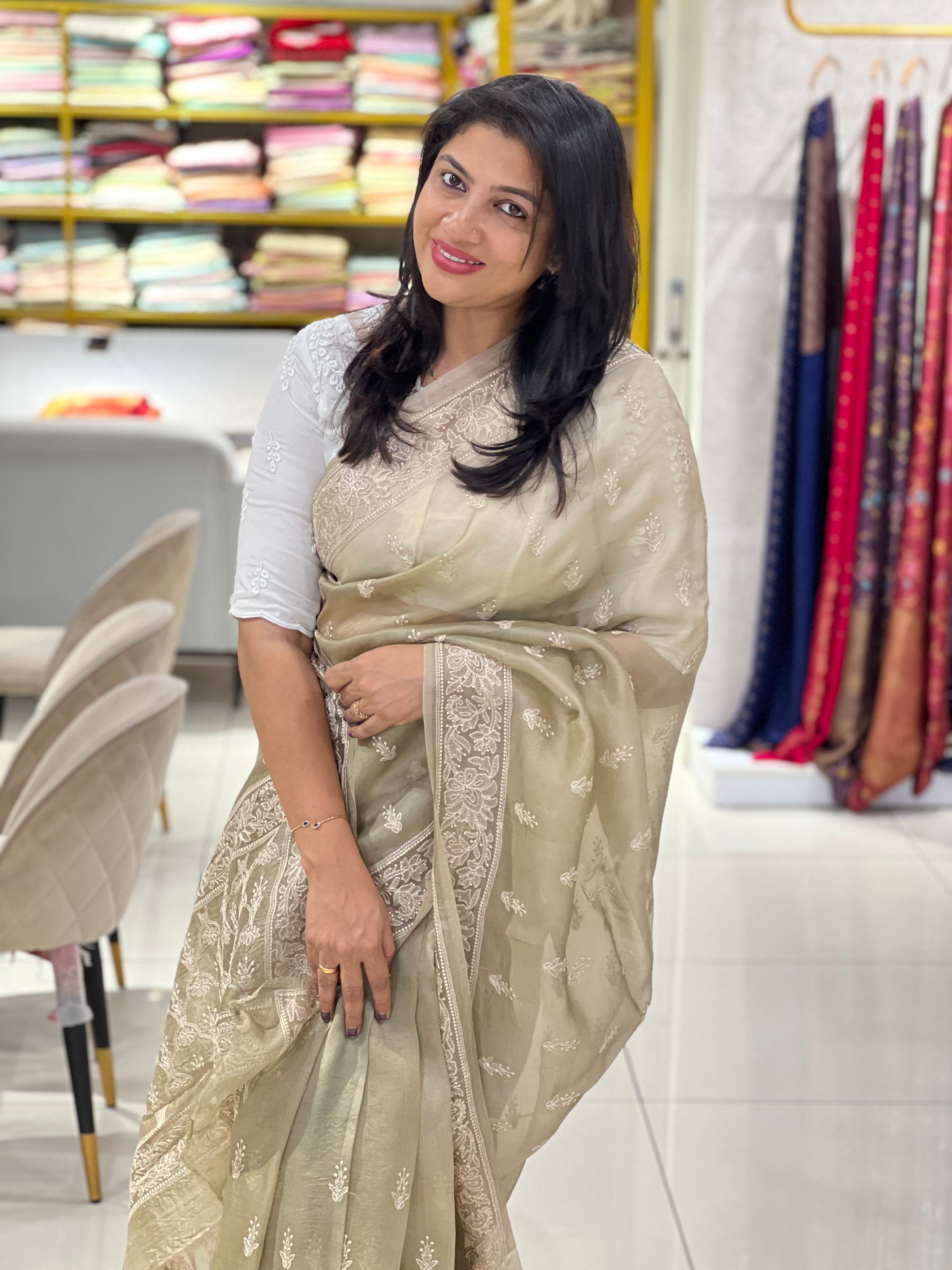 Lucknowi Embroidered Buta Pattern Pure Organza Saree |MM523