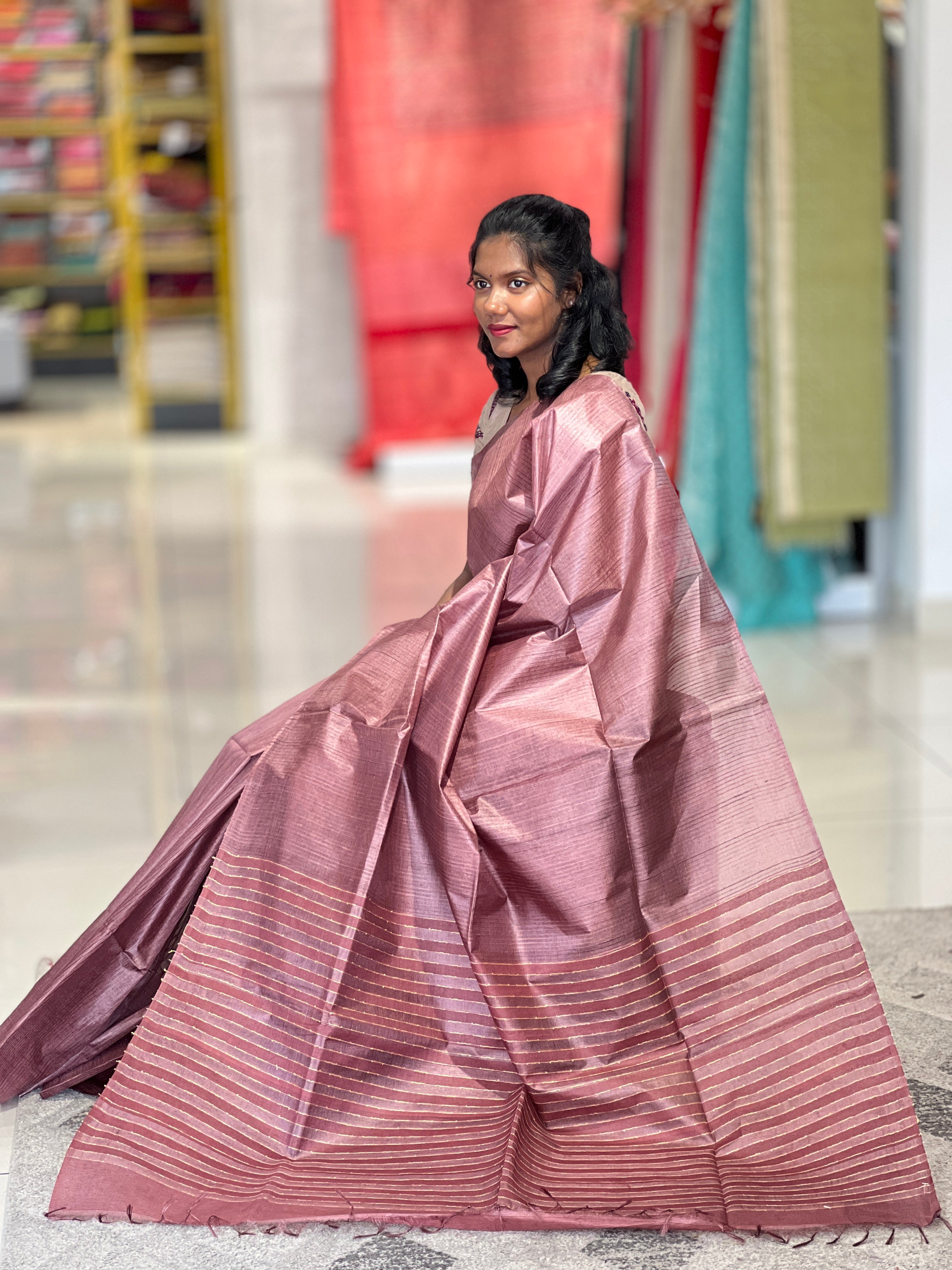 Stripe Patterned Noil Tussar Saree | MNH433