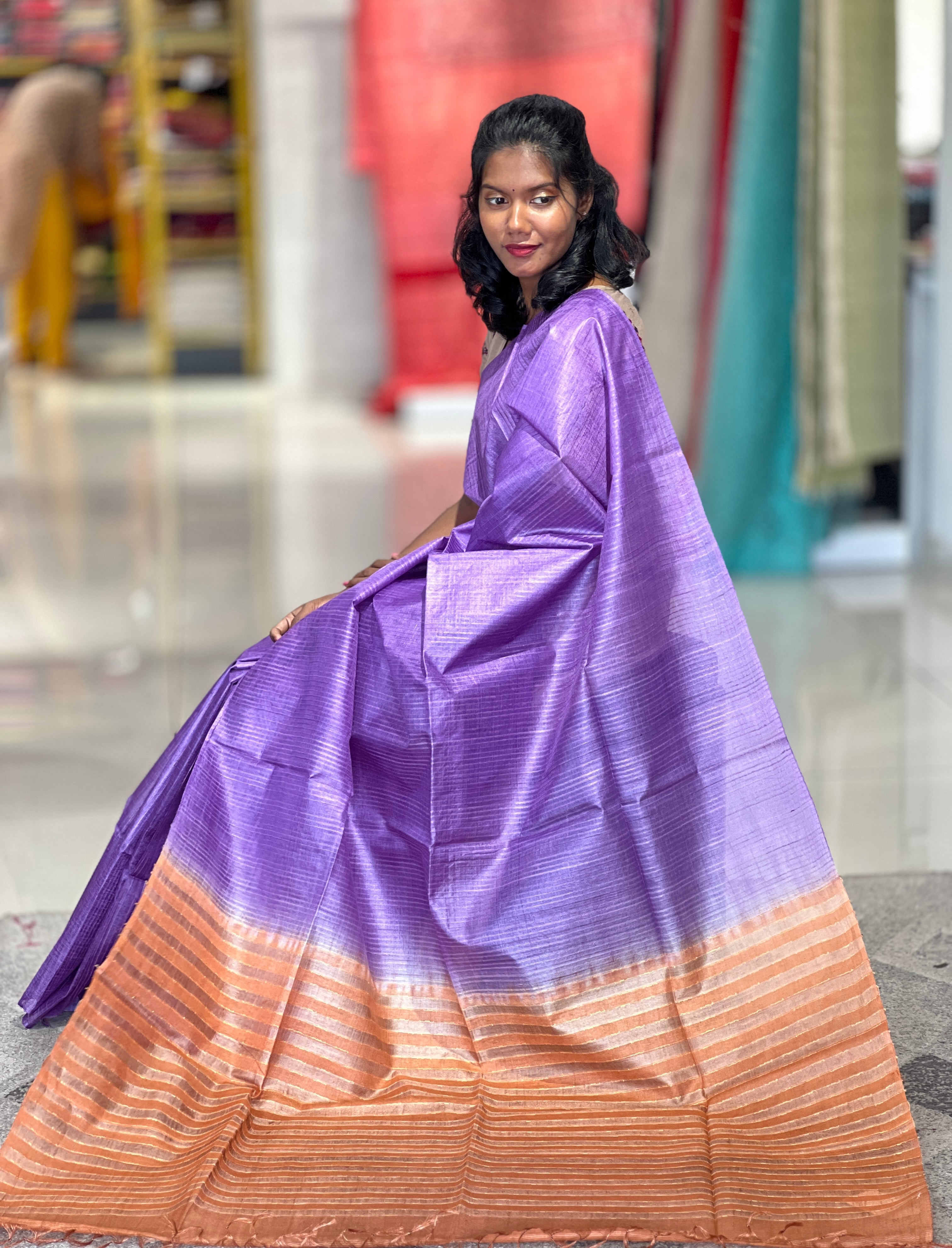 Stripe Patterned Noil Tussar Saree | MNH438