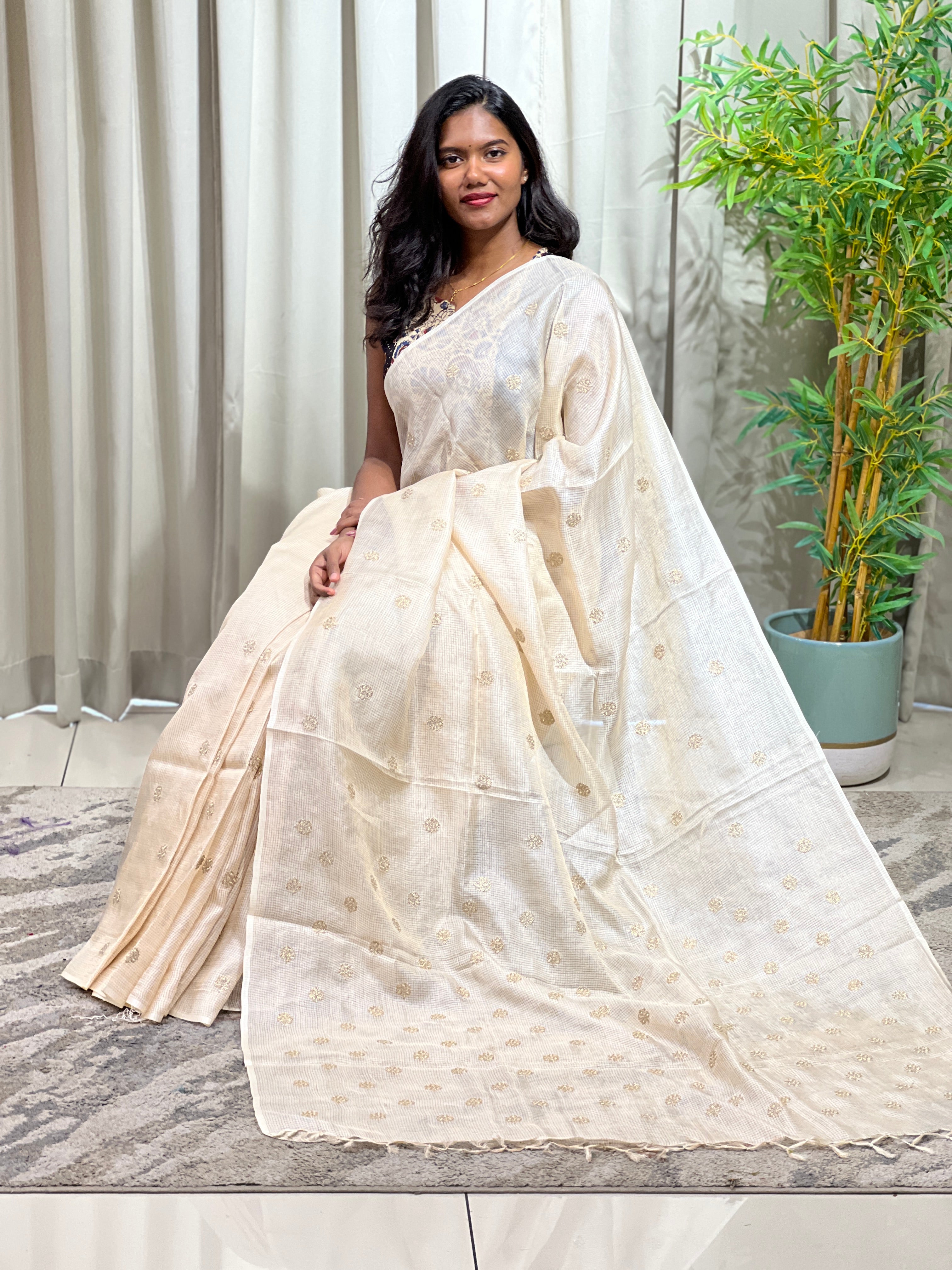 Embroidered Check Patterned Tussar Saree | HS1441