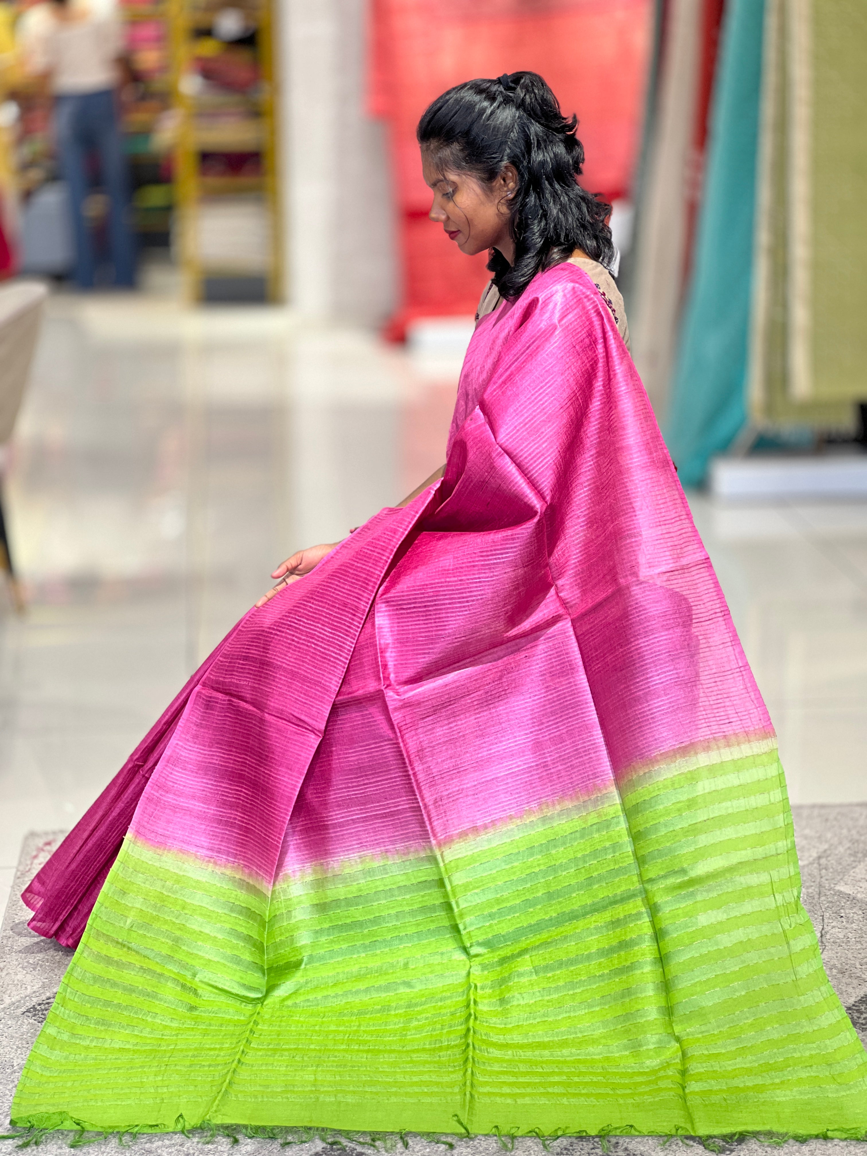 Stripe Patterned Noil Tussar Saree | MNH435