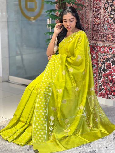 Silver & Golden Zari Woven Floral Patterned Banarasi Silk Saree | NN310
