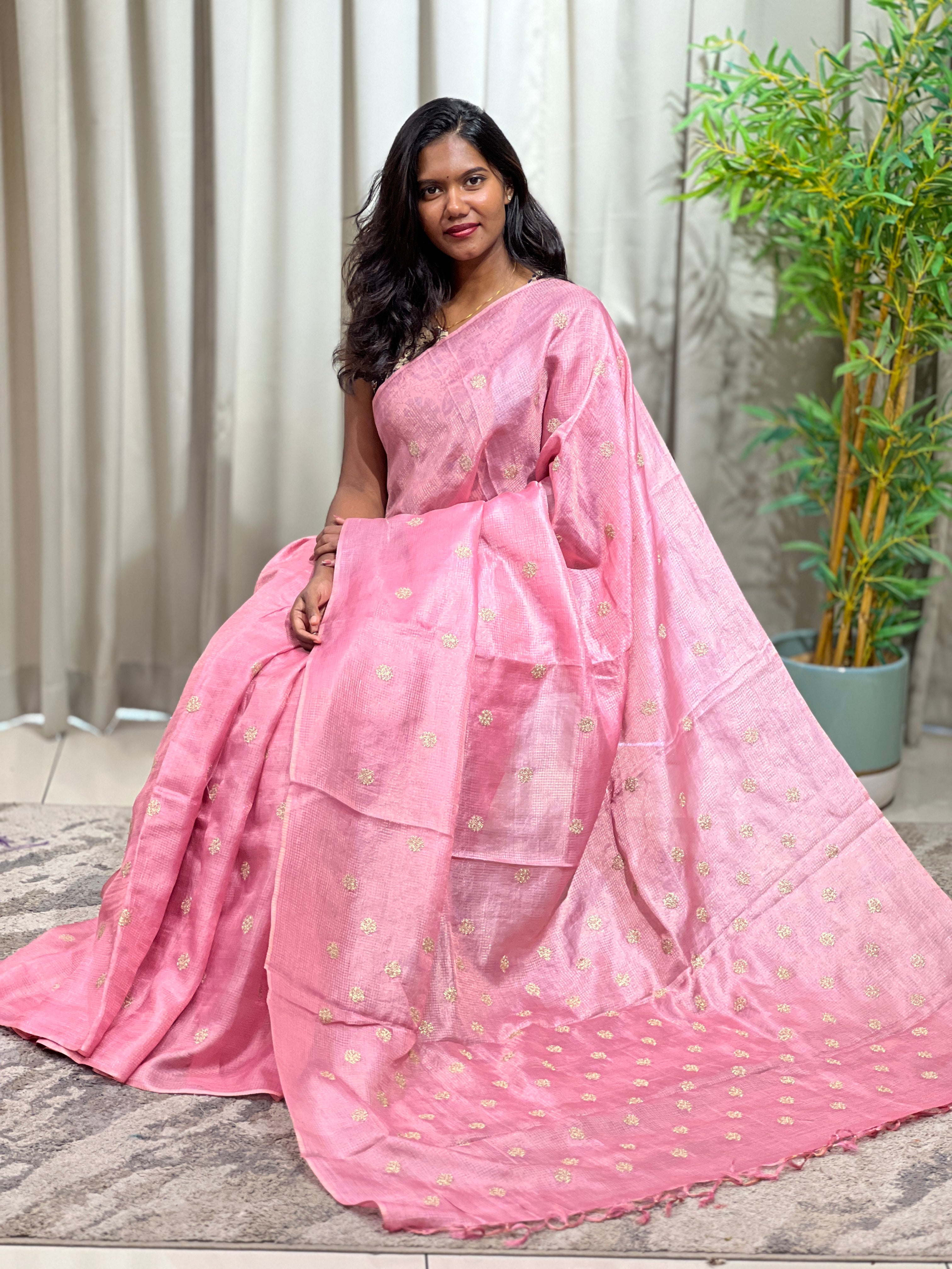 Embroidered Check Patterned Tussar Saree | HS1439