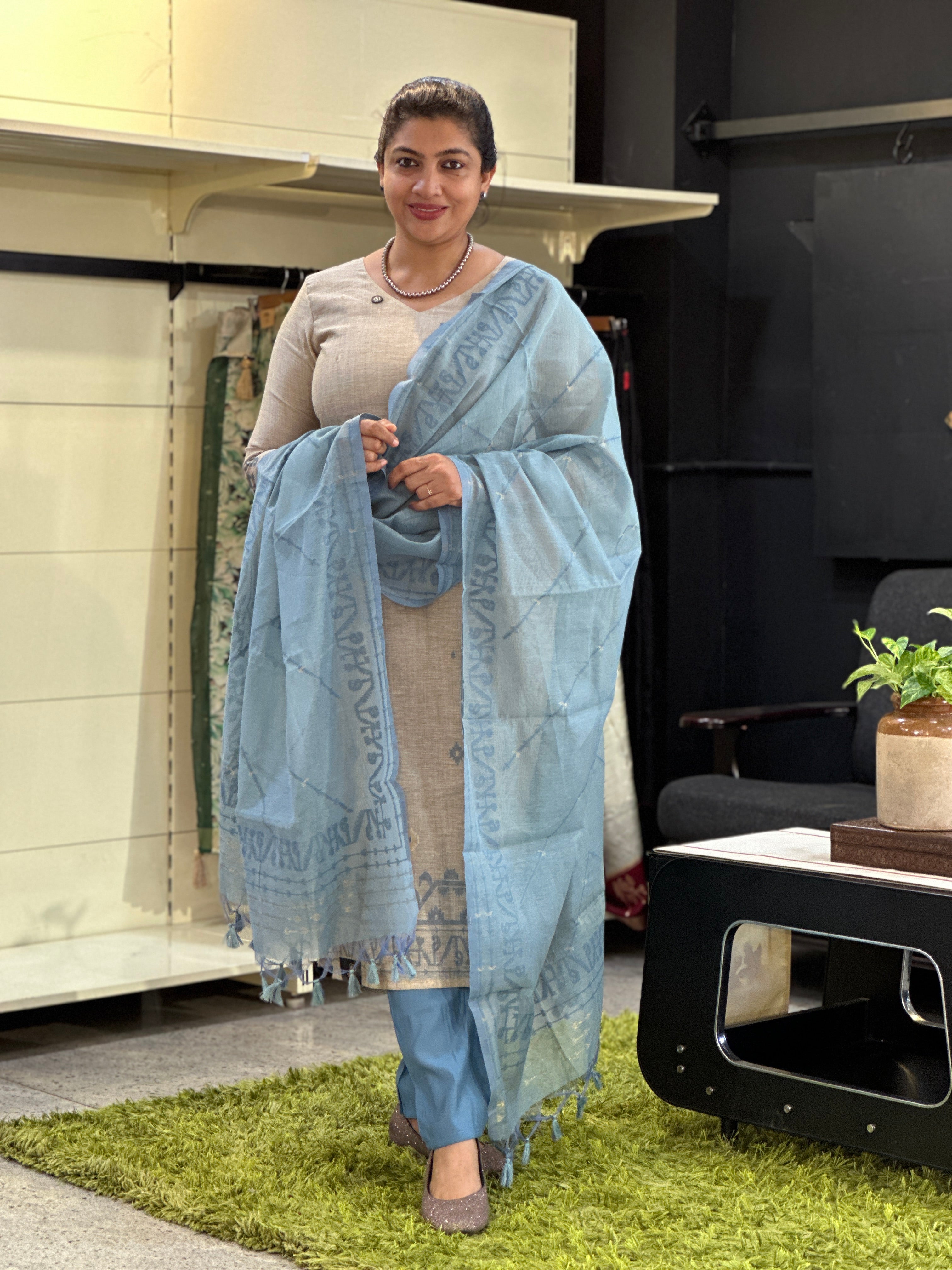 Jamdani Woven Chanderi-Linen Finish Unstitched Salwar Set | SSN471