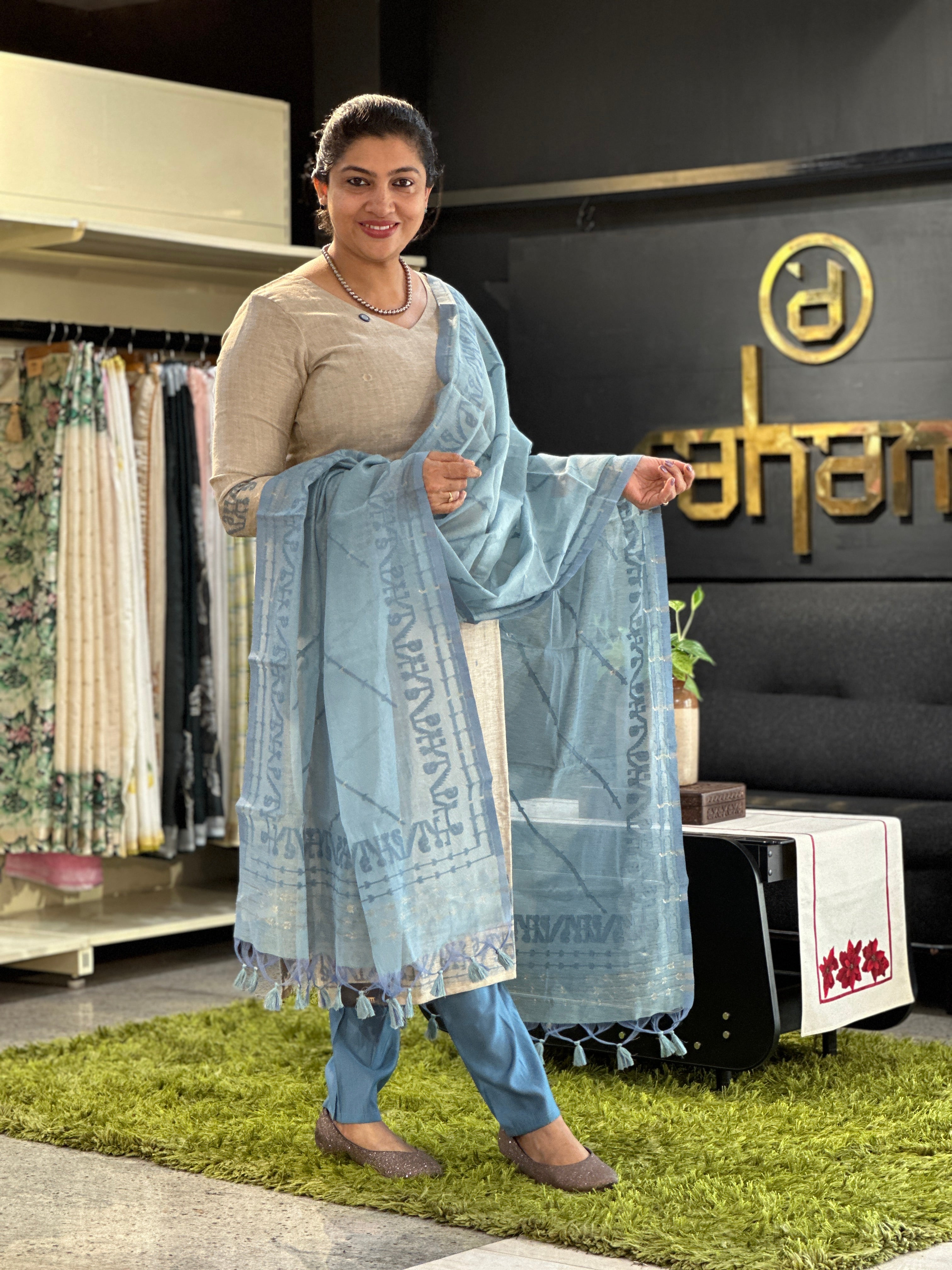 Jamdani Woven Chanderi-Linen Finish Unstitched Salwar Set | SSN471
