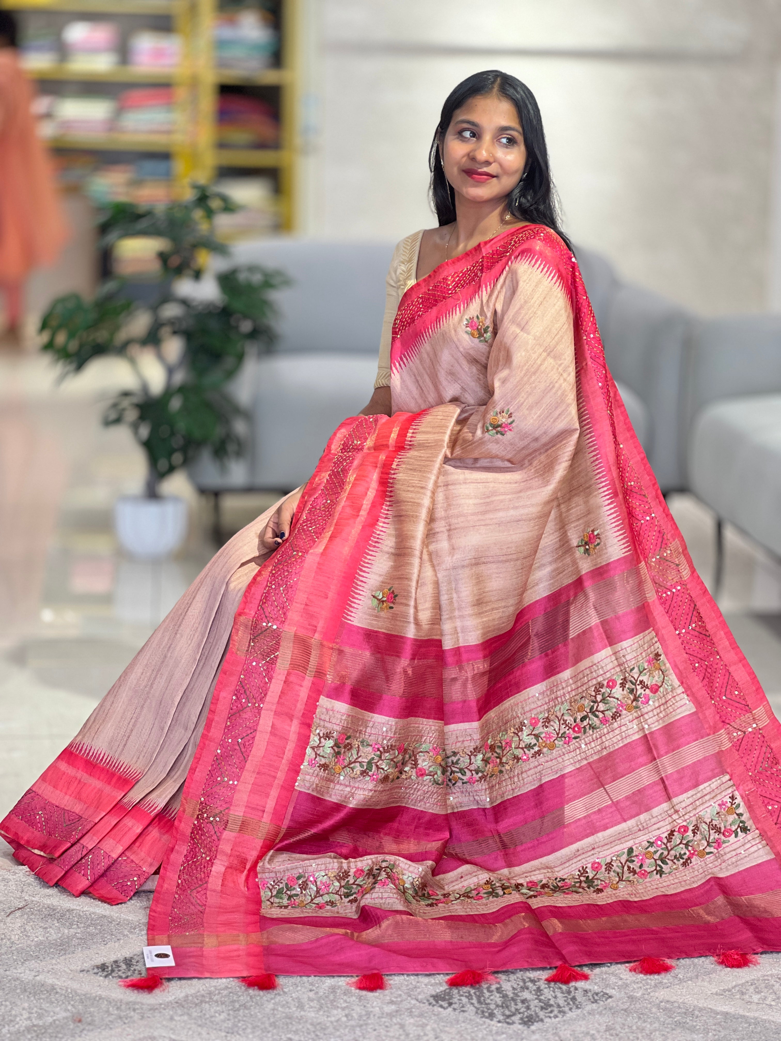 Floral Embroidered Tussar Finish Saree | BLD575