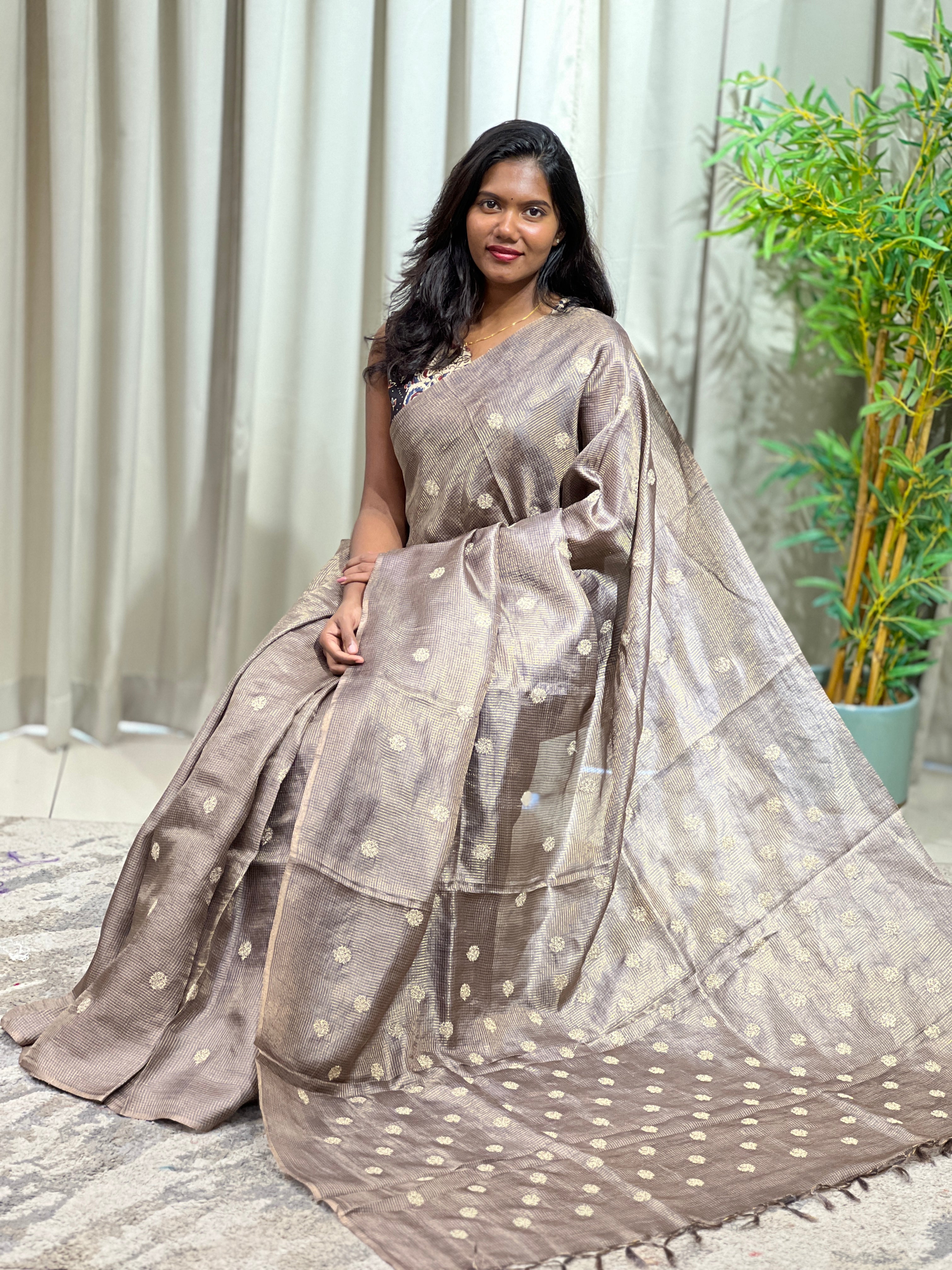 Embroidered Check Patterned Tussar Saree | HS1442